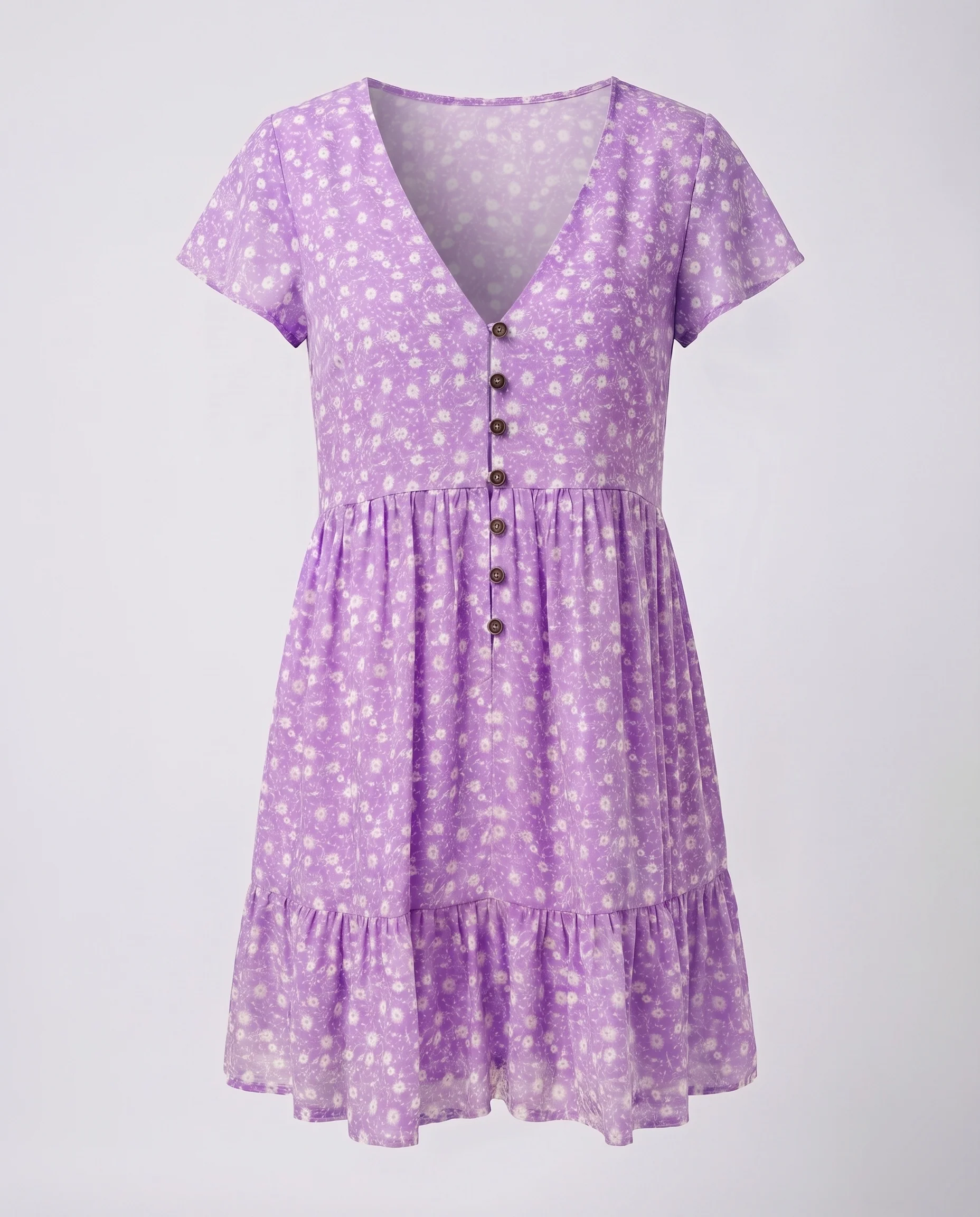 Damen Stufenkleid Blumenprint V-Ausschnitt Zierknopfleiste - Image 11