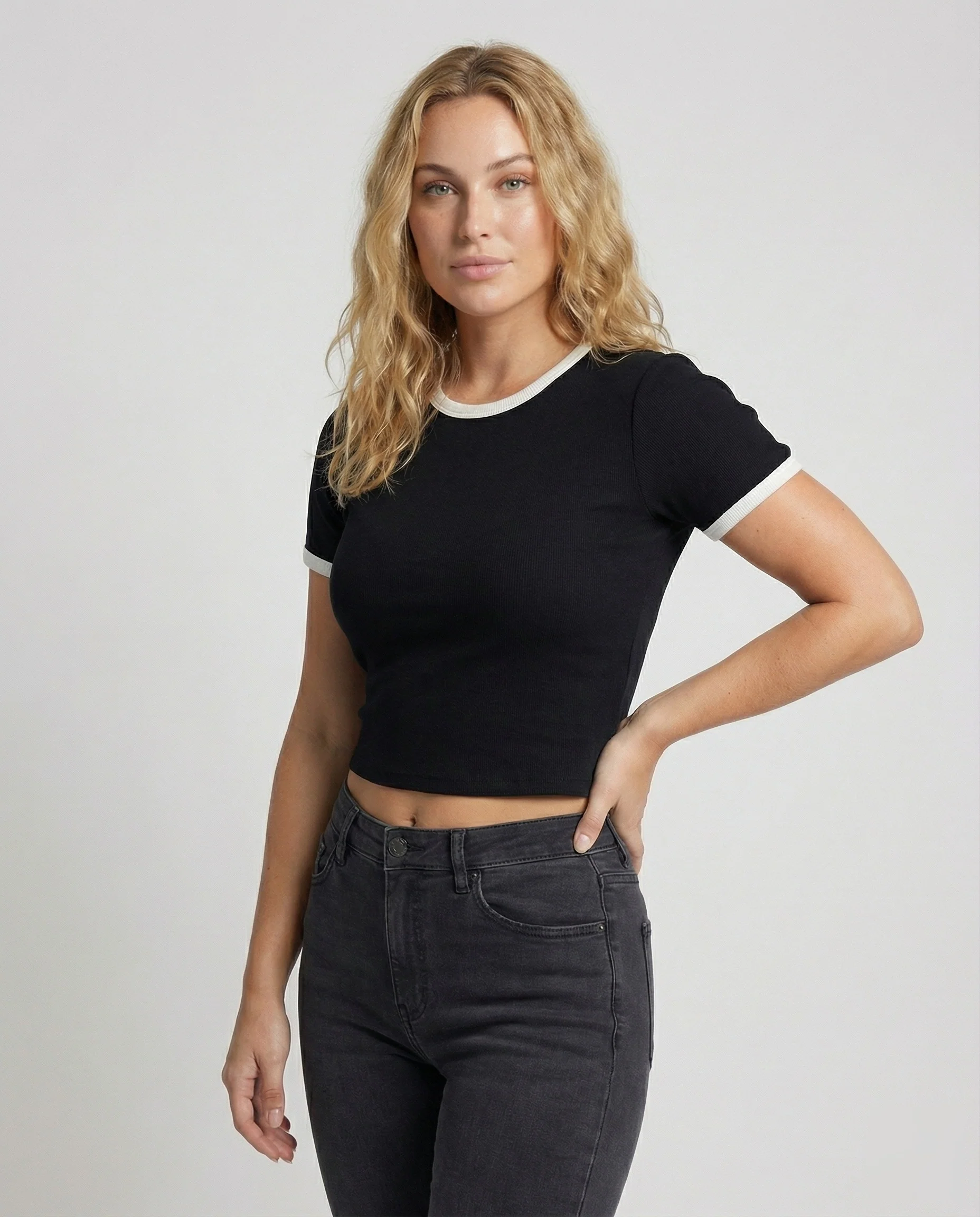Damen Tailliertes Kontrastbesatz Baumwoll T-Shirt - Image 2
