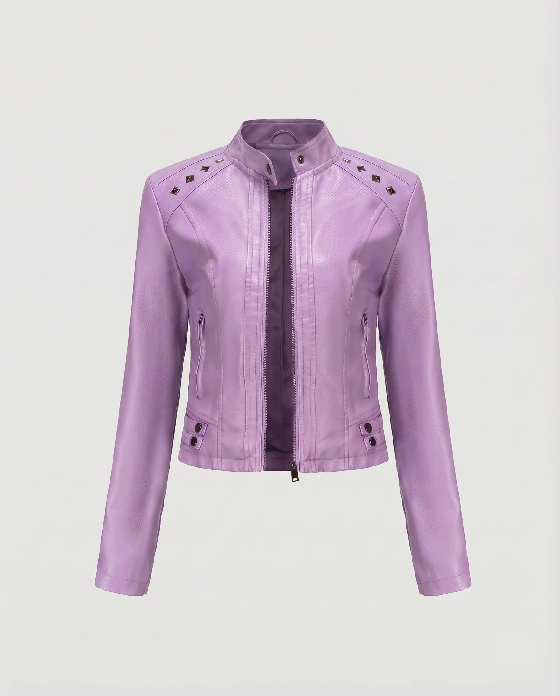 Damen Kunstleder-Blouson Schulternieten Bundriegel Tailliert - Image 9