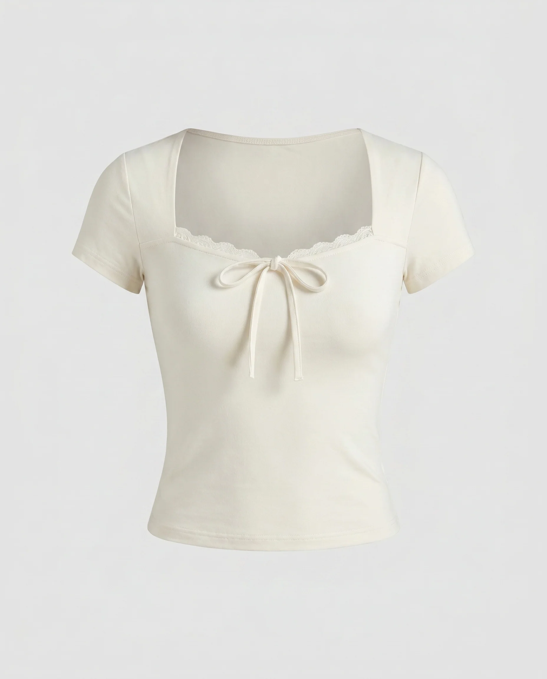 Damen nan kurzgeschnittenes Jersey-Top mit Spitzenkante, Zierknoten und figurbetonter Passform - Image 5
