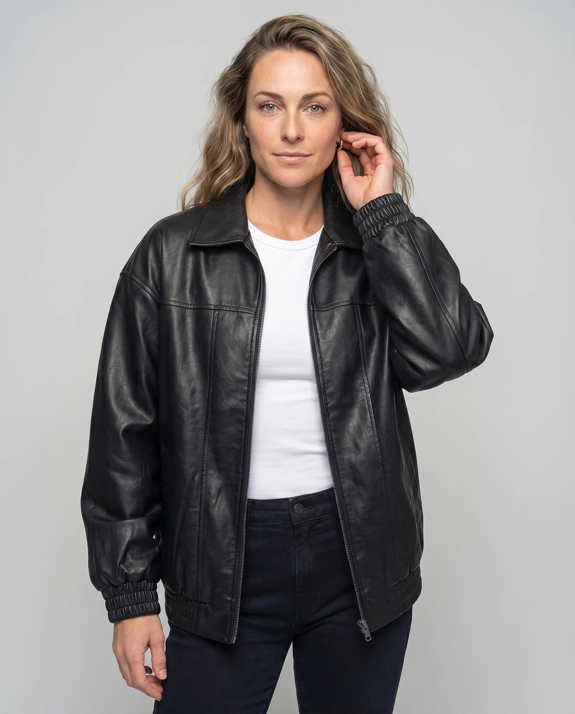 Damen Kunstleder-Blouson Hemdkragen Elastikbündchen - Image 2
