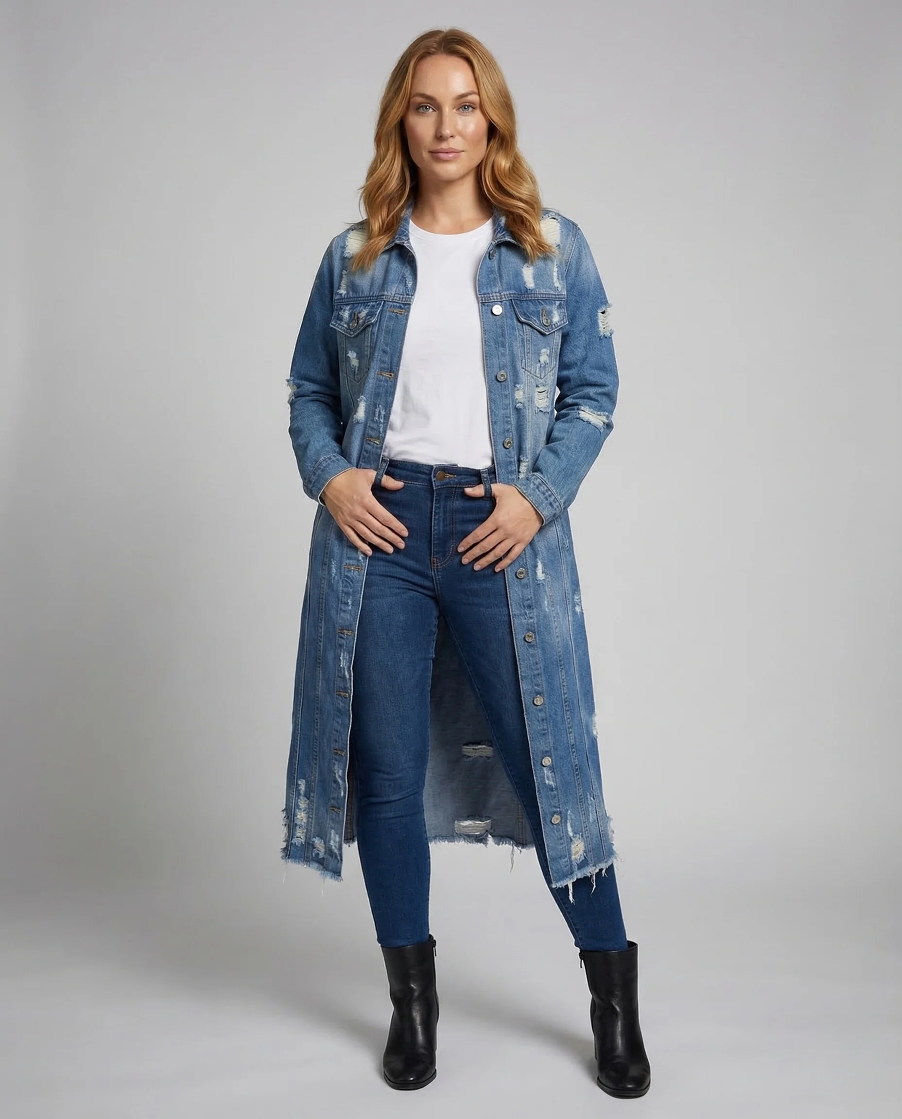Damen Jeansmantel Lang Fransen