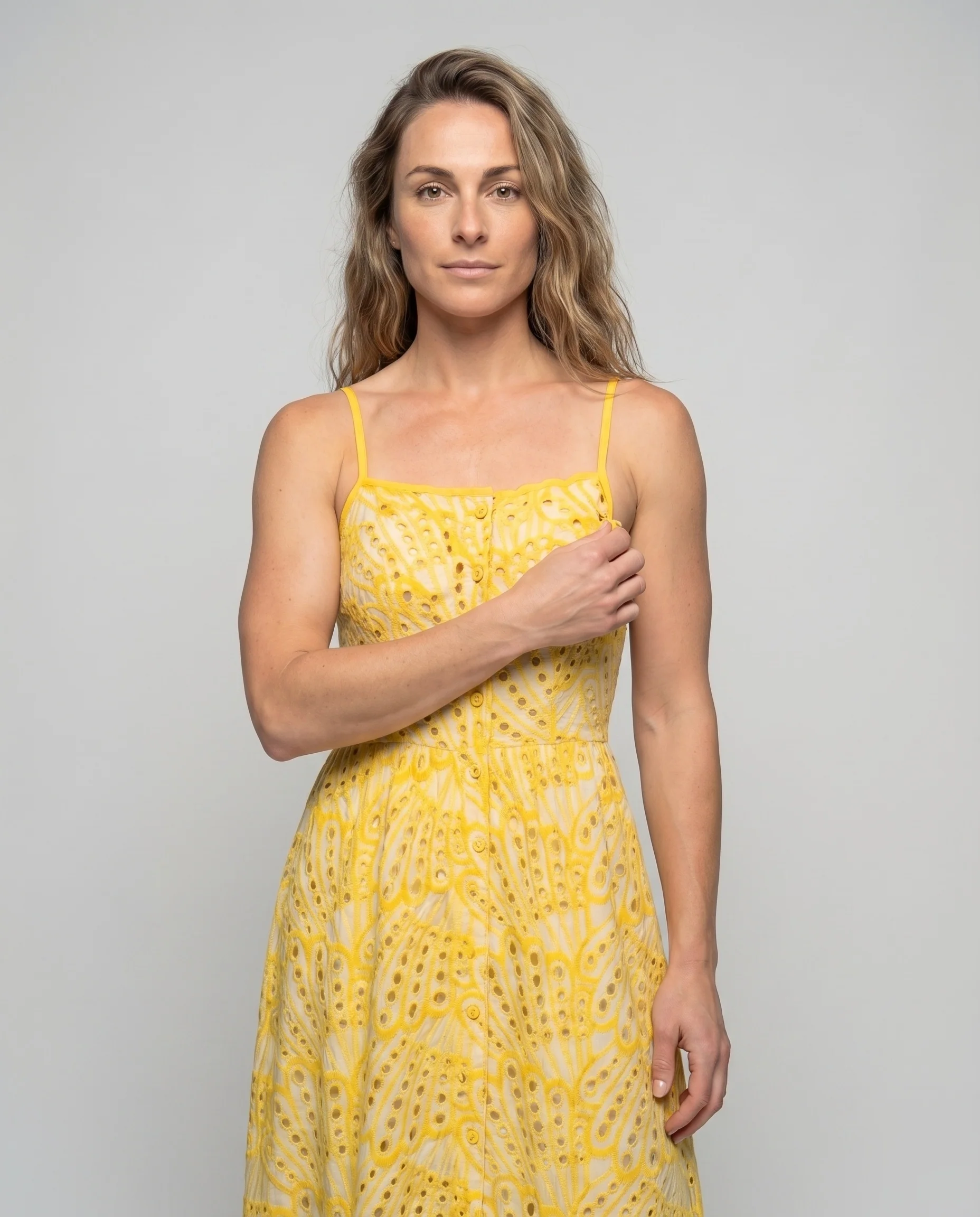 Damen Broderie-Mix Kleid Unterbrustband Geflochtene Träger Bodenlang - Image 2