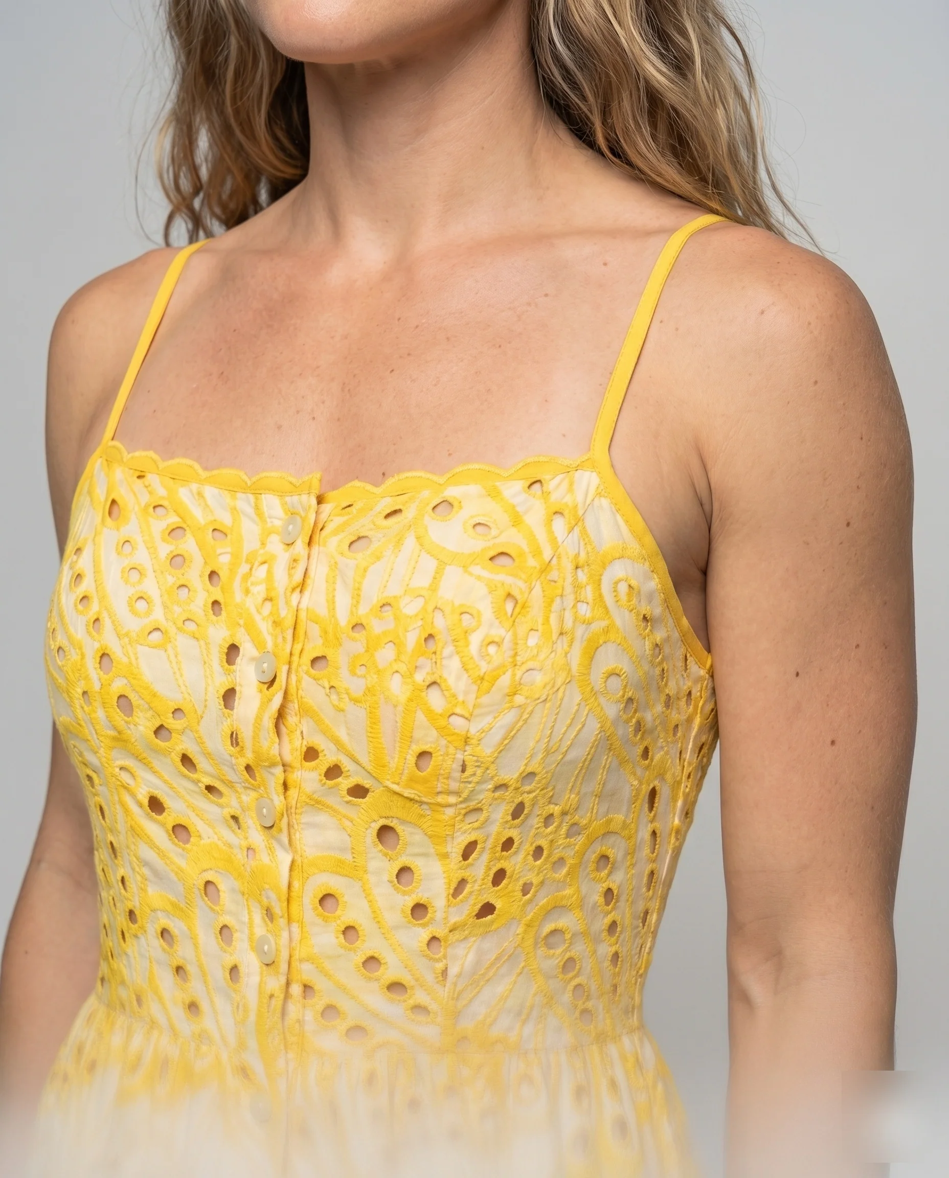 Damen Broderie-Mix Kleid Unterbrustband Geflochtene Träger Bodenlang - Image 3