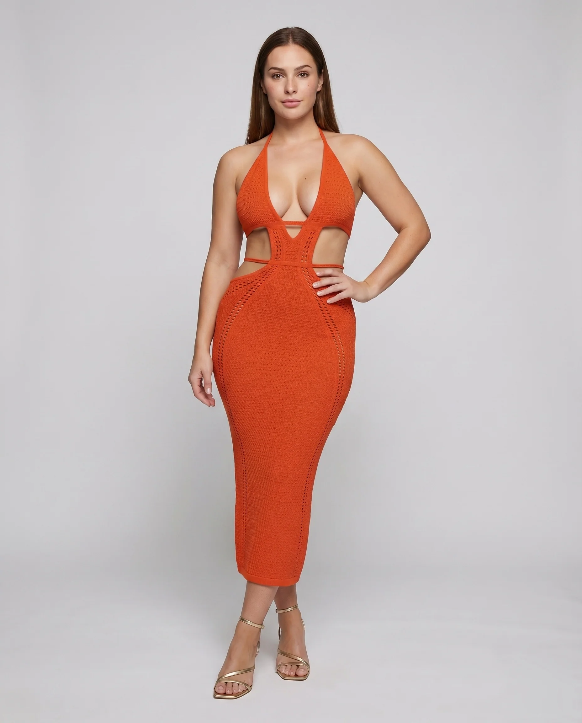 Damen Strickkleid Neckholder Cut-Outs Figurbetont