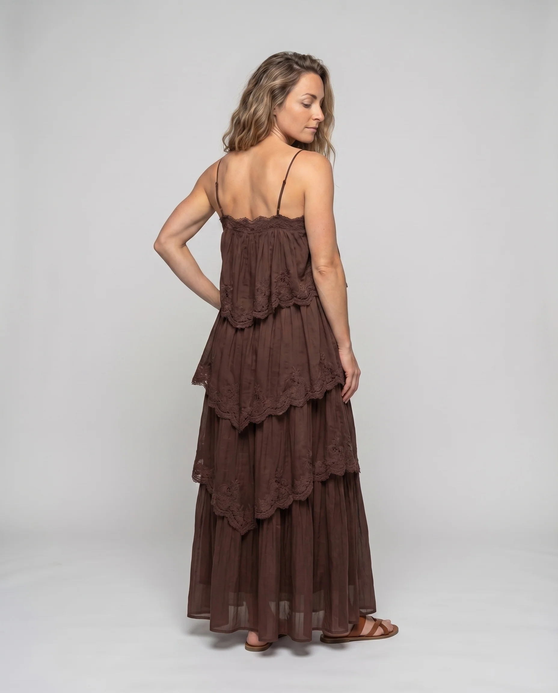 Damen Lagenkleid Satinlook Spitzenvolants Spaghettiträger - Image 4