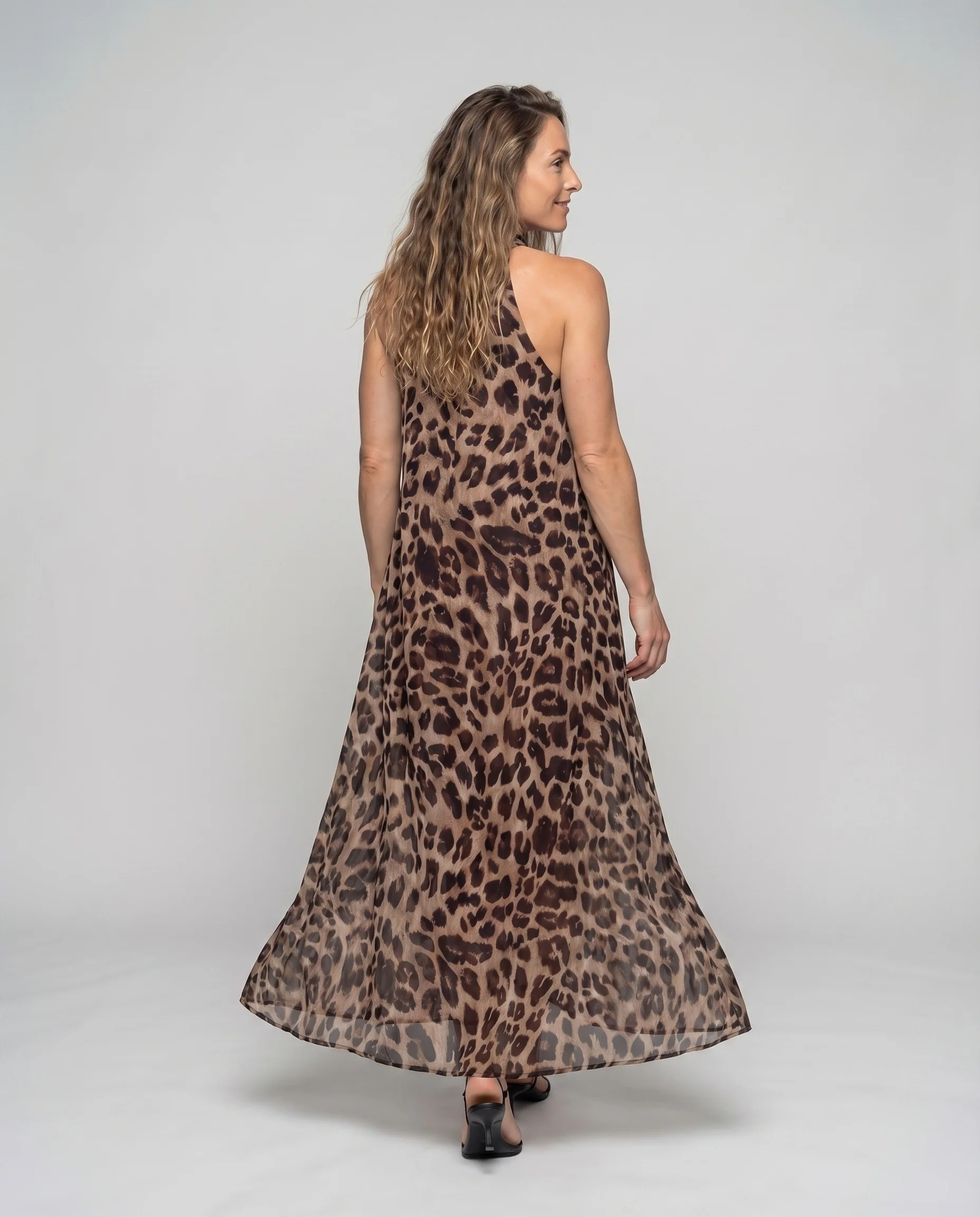 Damen Leopardenmuster-Kleid Halstuch-Bindung Beinschlitz Bodenlang - Image 4