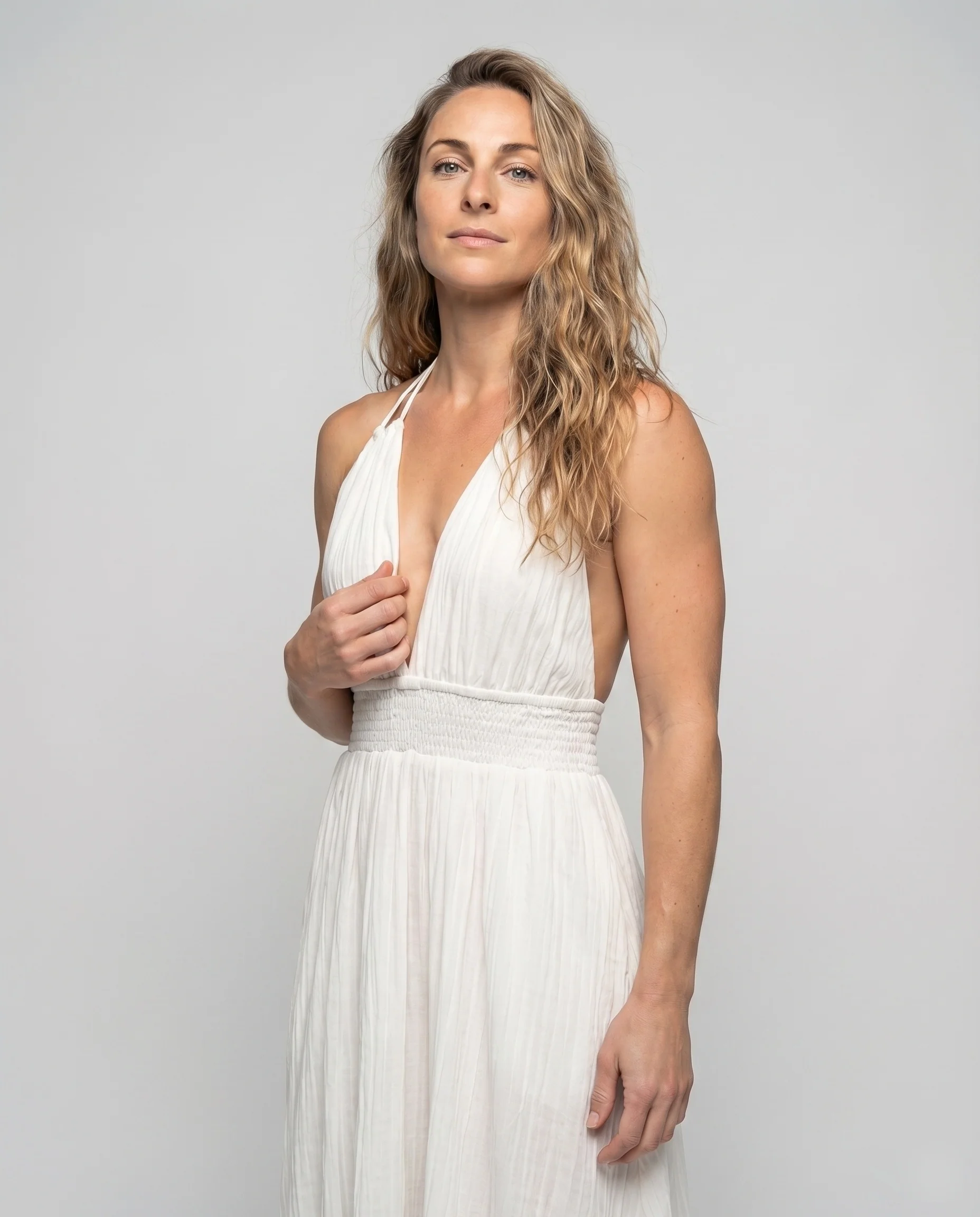 Damen Neckholder-Maxikleid Unterbrustband Stufenrock Baumwollgaze - Image 2