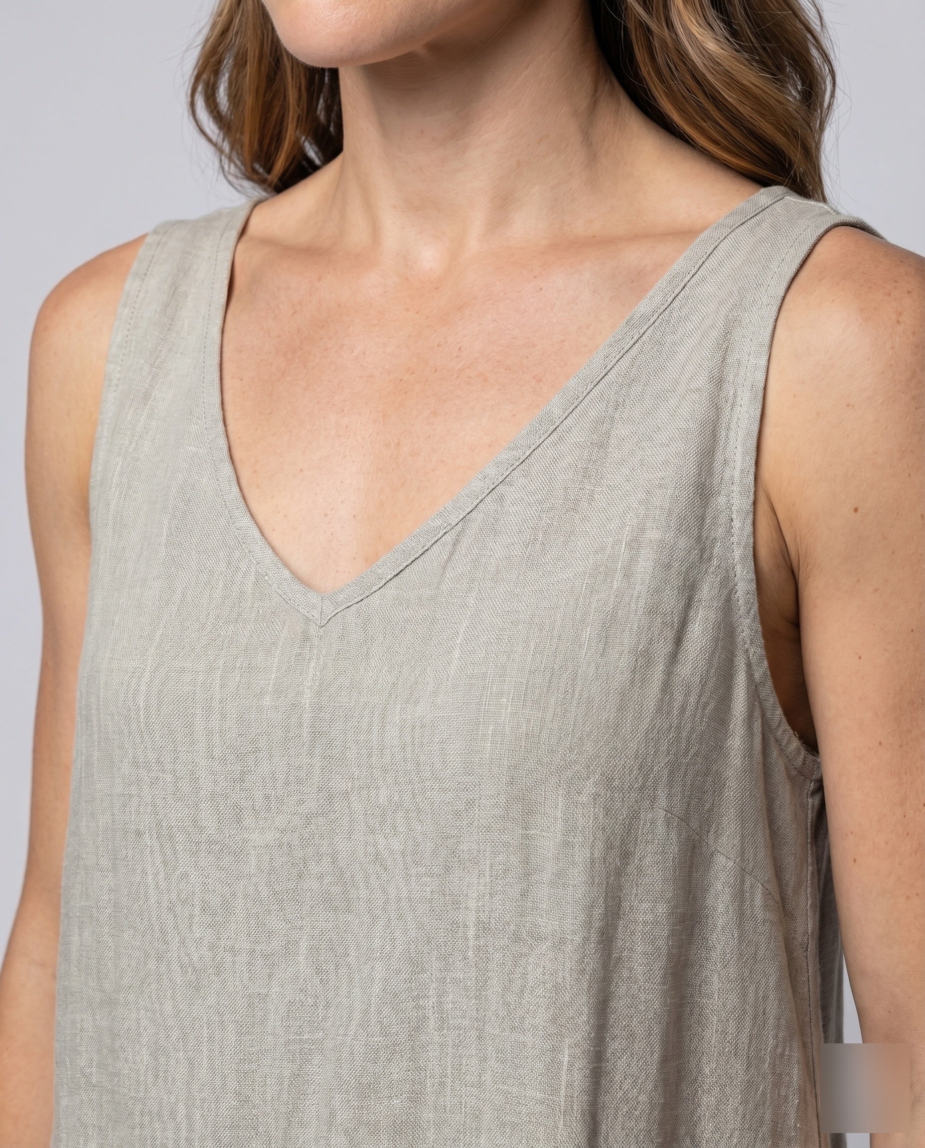 Damen Ärmelloses Leinenmaxikleid V-Ausschnitt Fließende A-Linie - Image 3