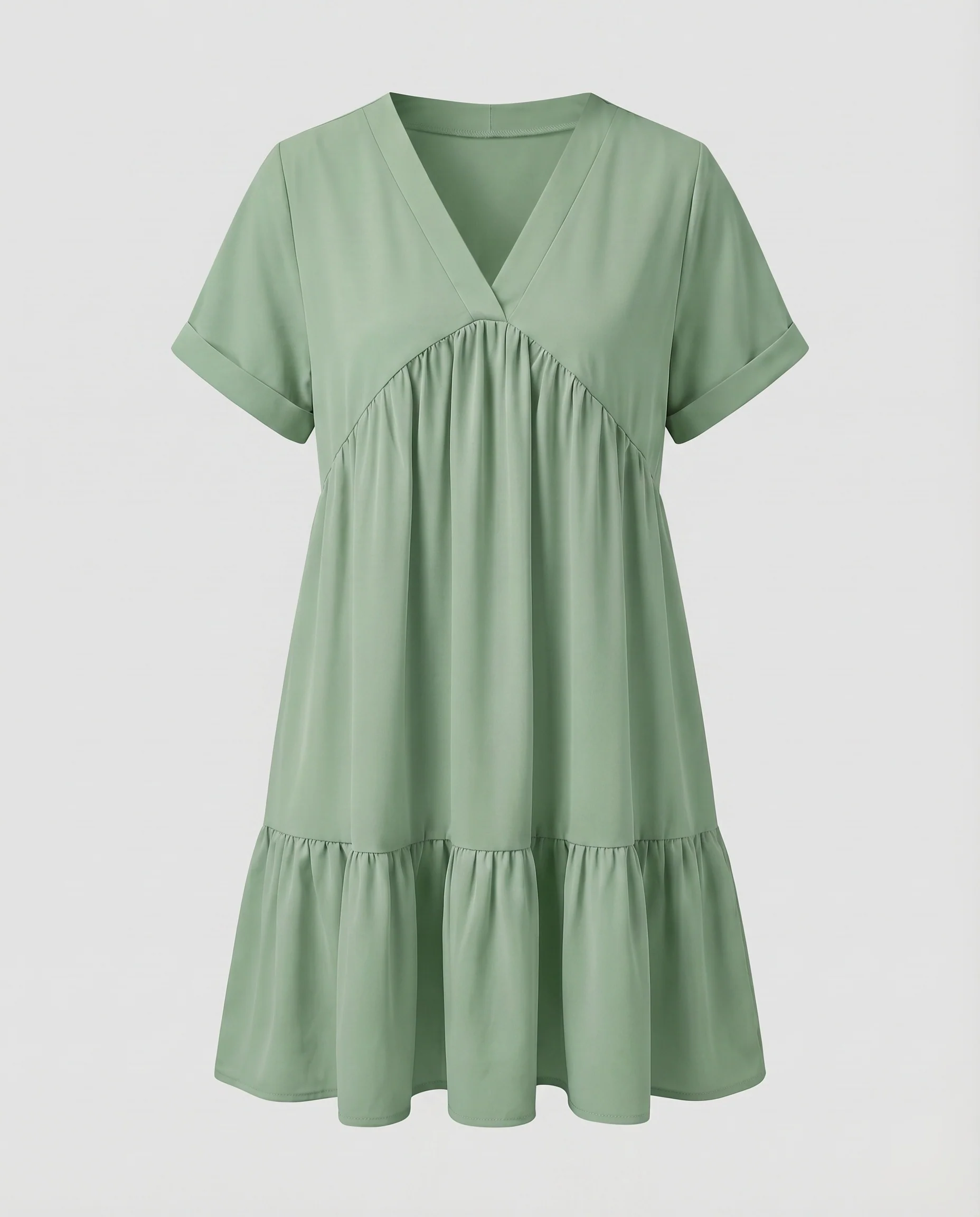 Damen Babydoll-Kurzkleid Geraffte Brustpasse Stufenvolant V-Ausschnitt - Image 6