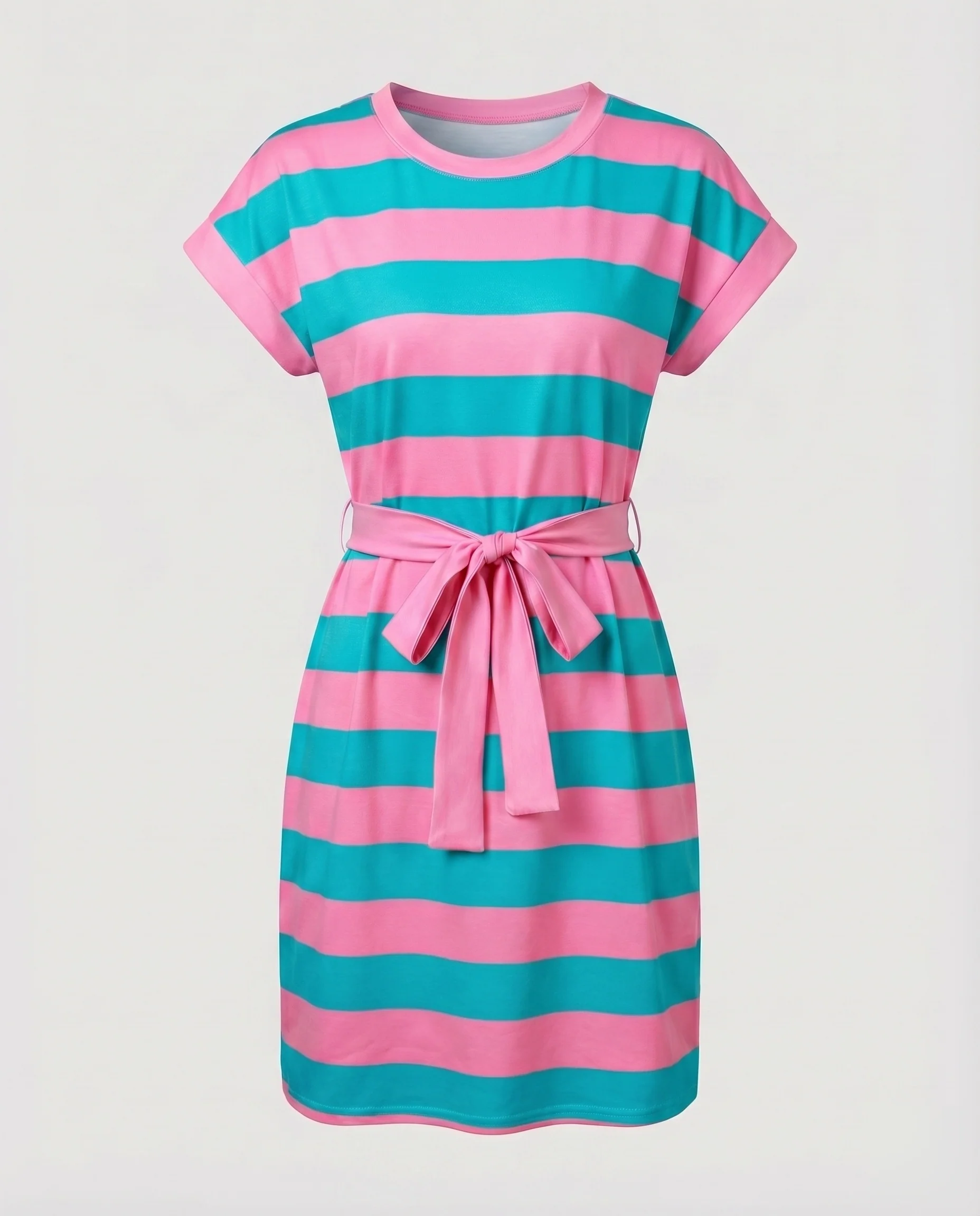 Damen Midikleid Taillenschleife Kastige Kurzärmel Rundhals - Image 8