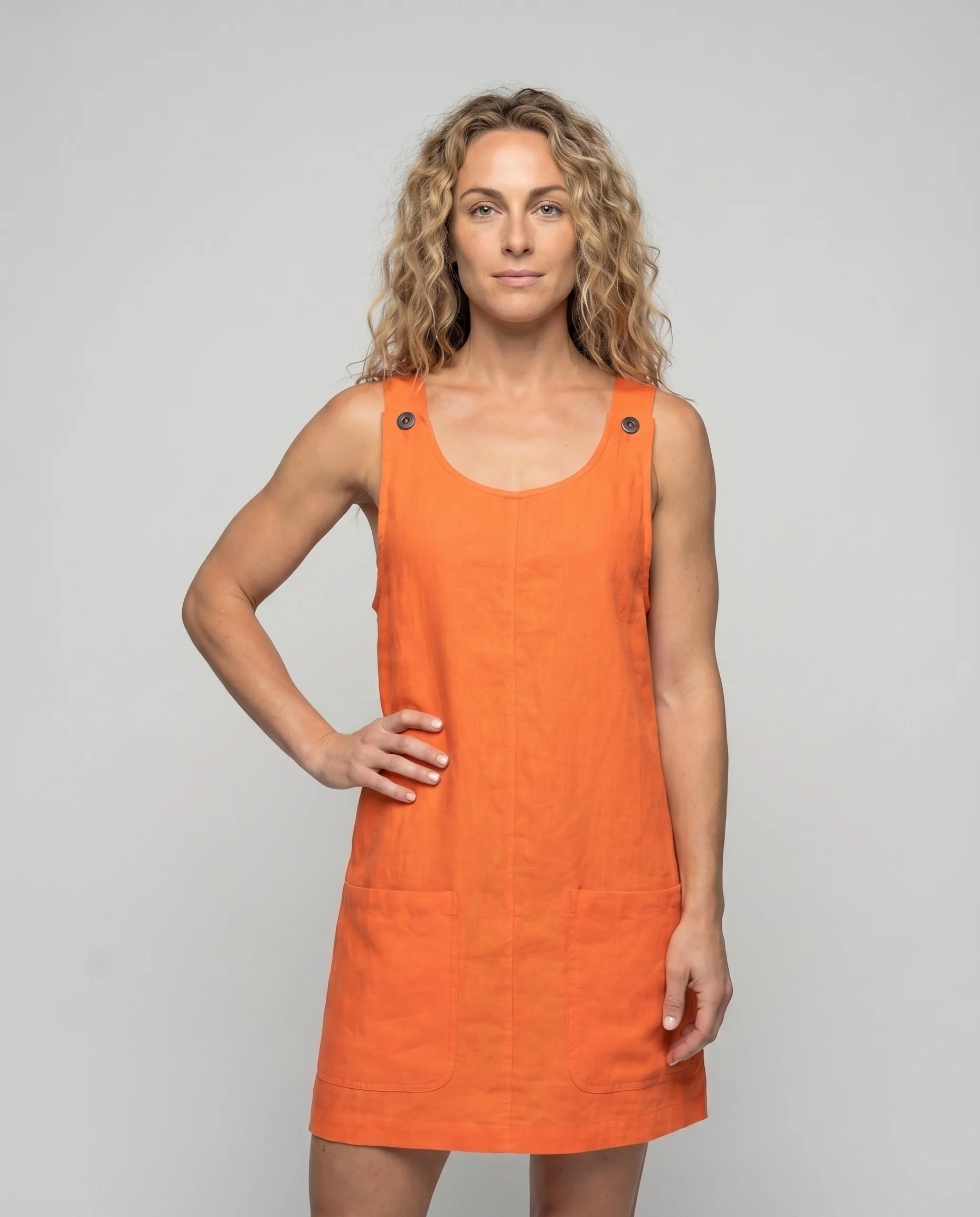 Damen Shift-Minikleid Schulterknopfverschluss Fronttaschen Leinenmix - Image 2
