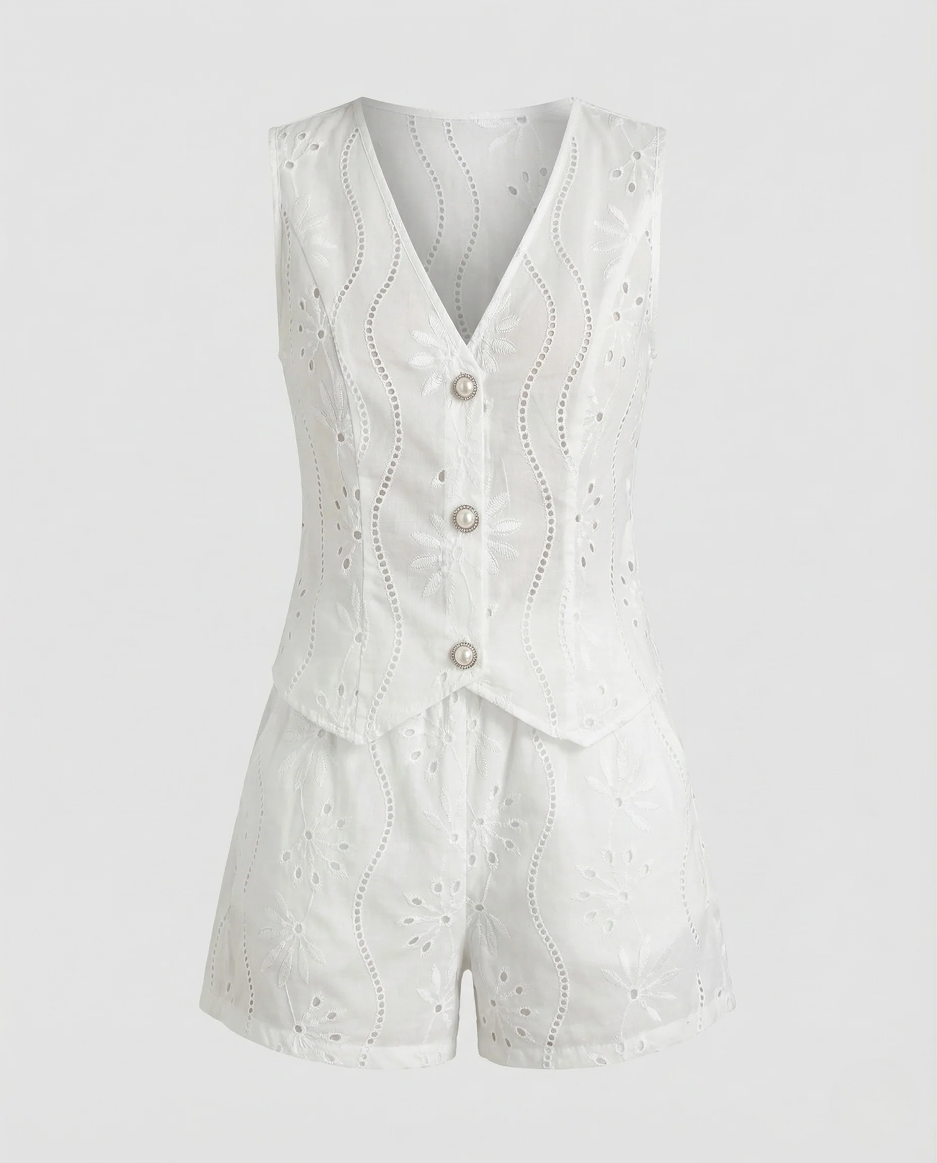 Damen Sommer Set Broderie Weste Shorts - Image 5
