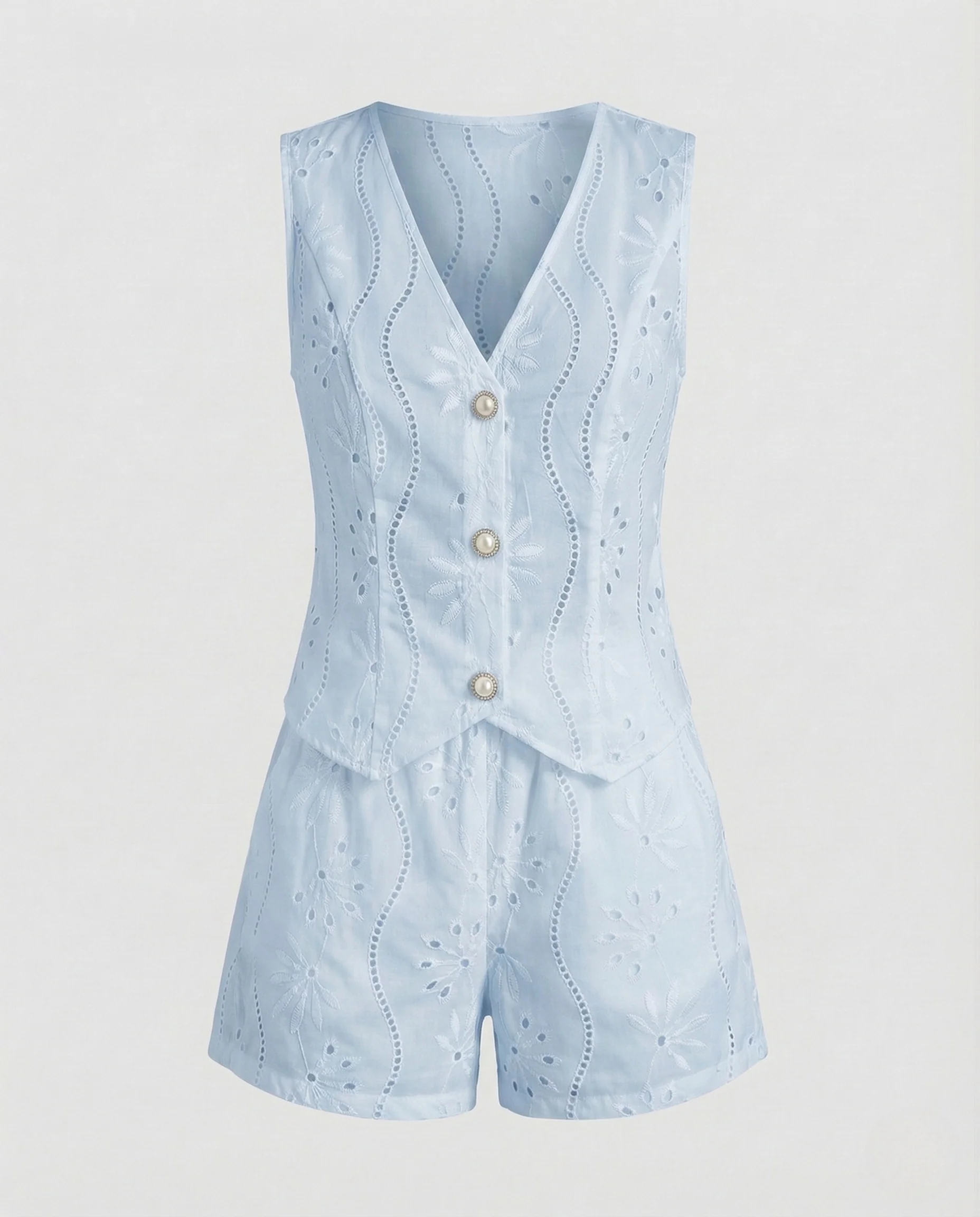 Damen Sommer Set Broderie Weste Shorts - Image 6