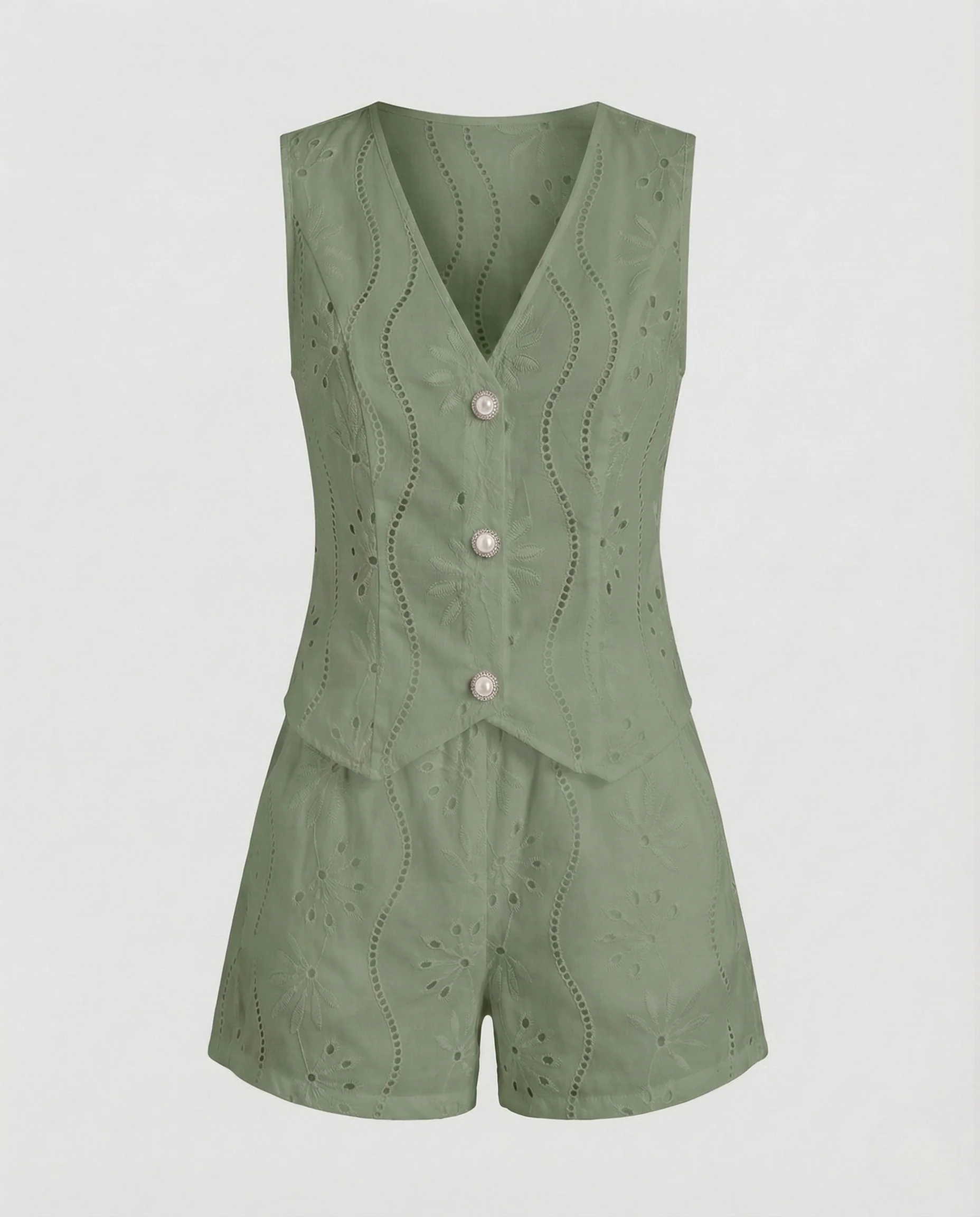 Damen Sommer Set Broderie Weste Shorts - Image 7
