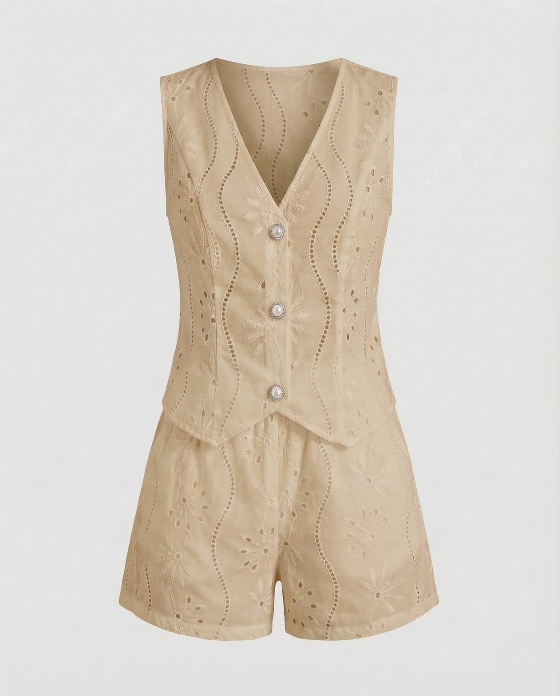 Damen Sommer Set Broderie Weste Shorts - Image 8