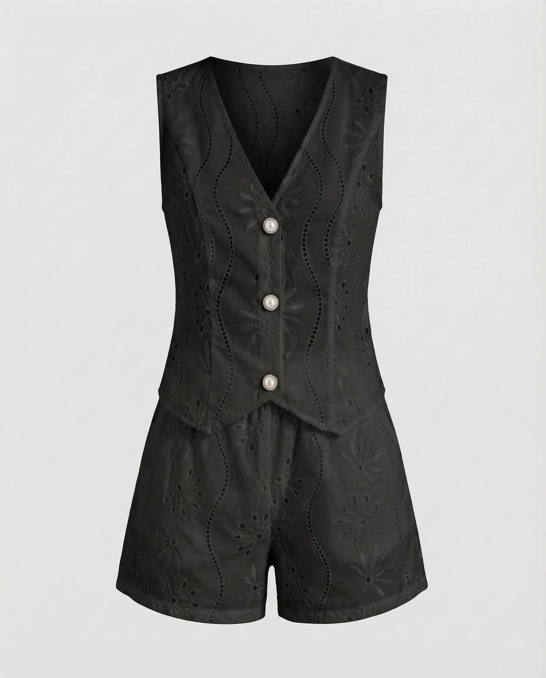 Damen Sommer Set Broderie Weste Shorts - Image 9