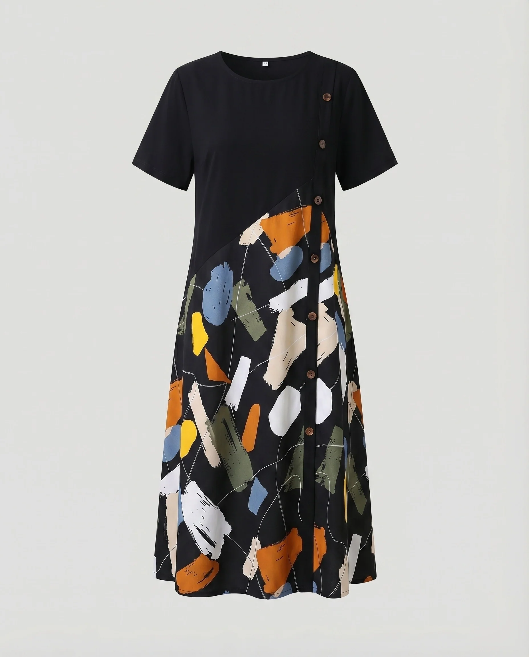 Damen A-Linien-Midikleid Knopfband Pinsel-Print Kontrast-Teilung - Image 6