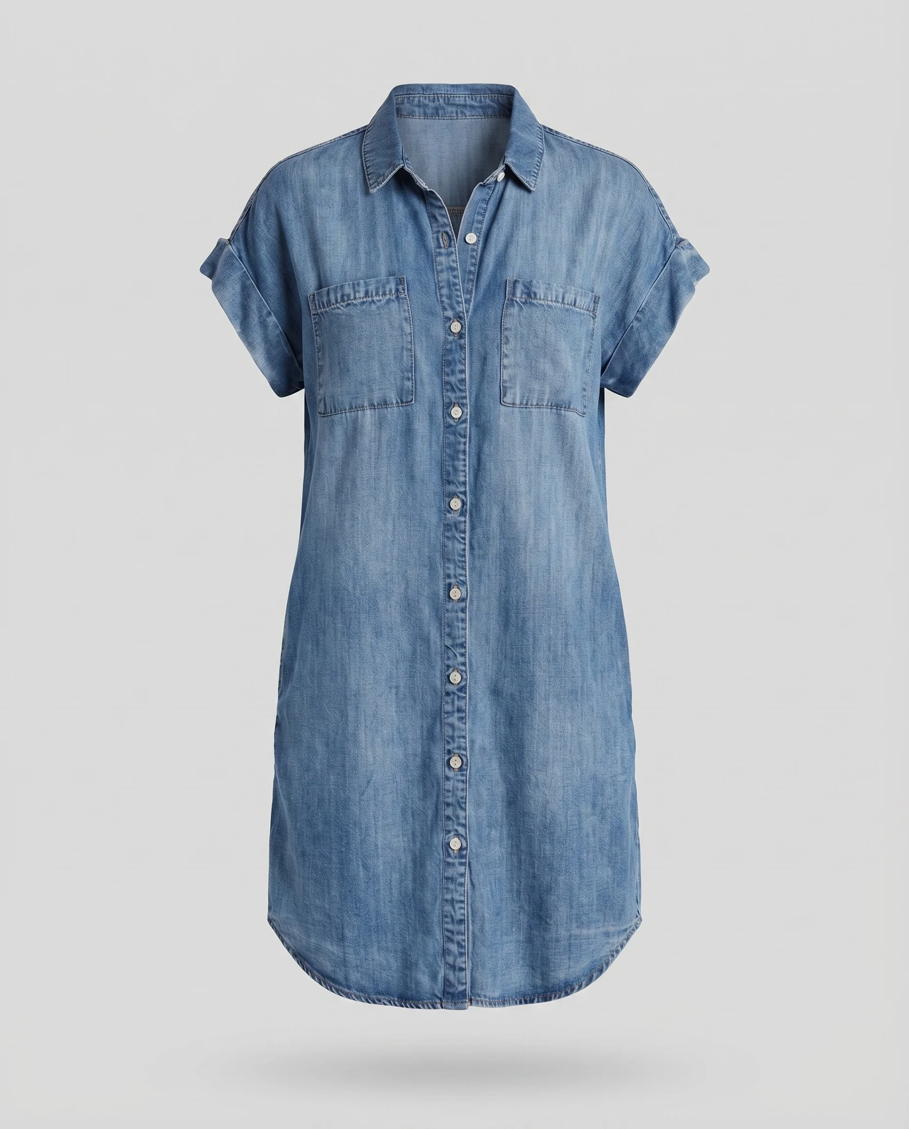 Damen Chambray-Hemdblusenkleid Krempelärmel Brusttaschen Seitentaschen - Image 5