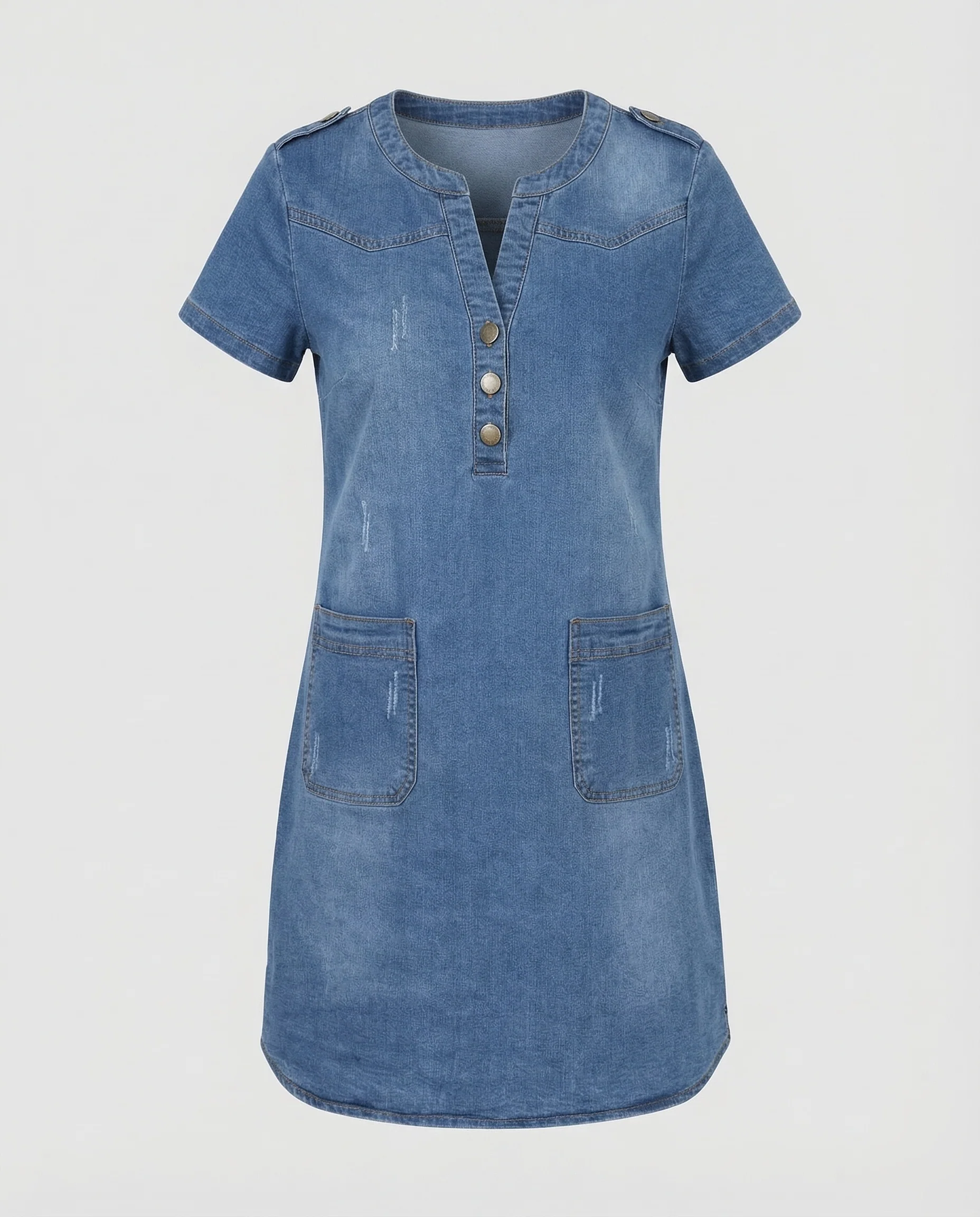 Damen Kurzarm-Denimkleid Zierknopfleiste - Image 5