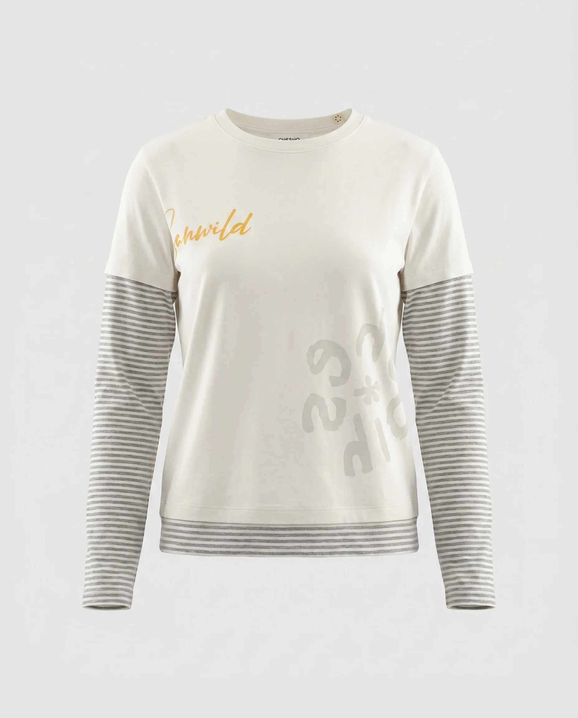 Damen nan legeres Langarmshirt im Lagenlook mit gestreiften Ärmeln und Schriftprint - Image 5