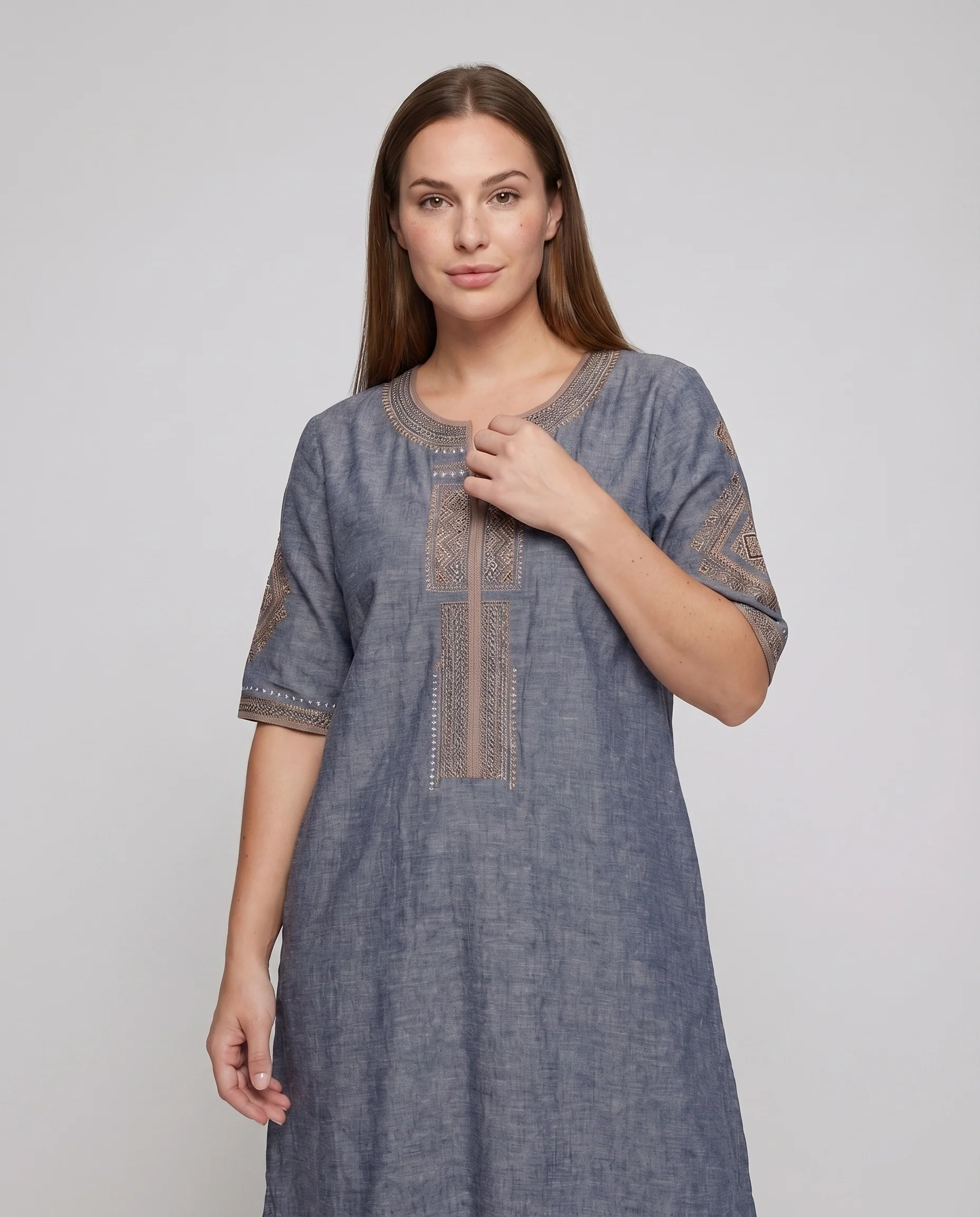Damen Midikleid Bestickte Tunika-Blende 3/4-Arm Leger - Image 2