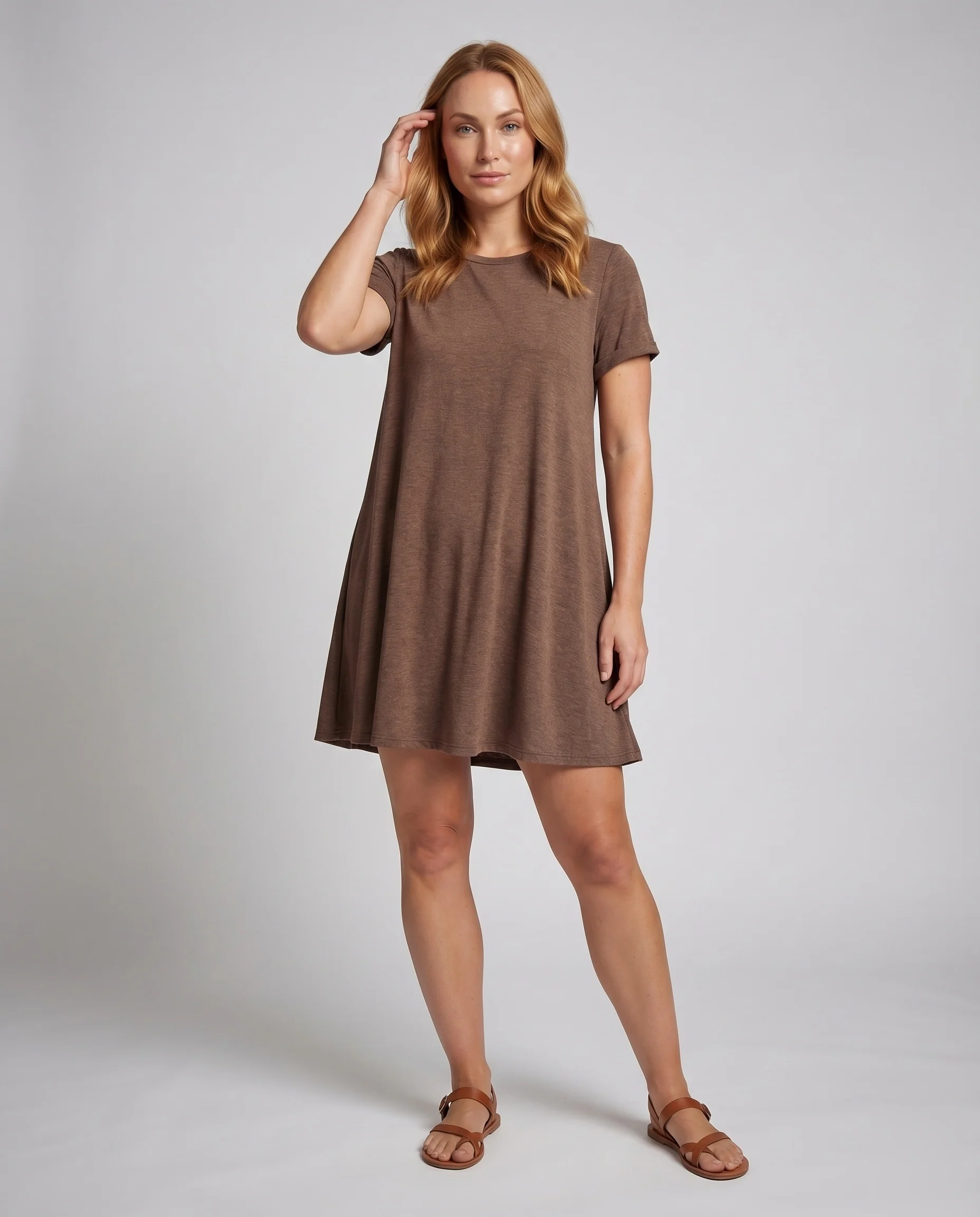 Damen T-Shirt-Swingkleid Rollärmel Schwingender Saum Baumwoll-Mix