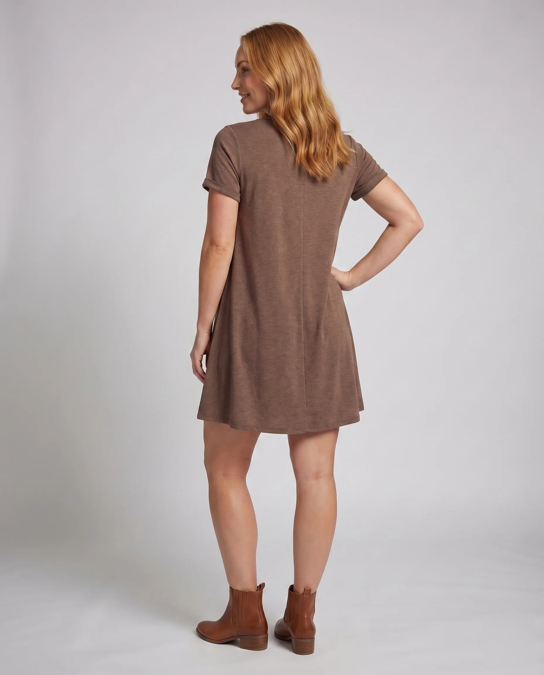 Damen T-Shirt-Swingkleid Rollärmel Schwingender Saum Baumwoll-Mix - Image 3