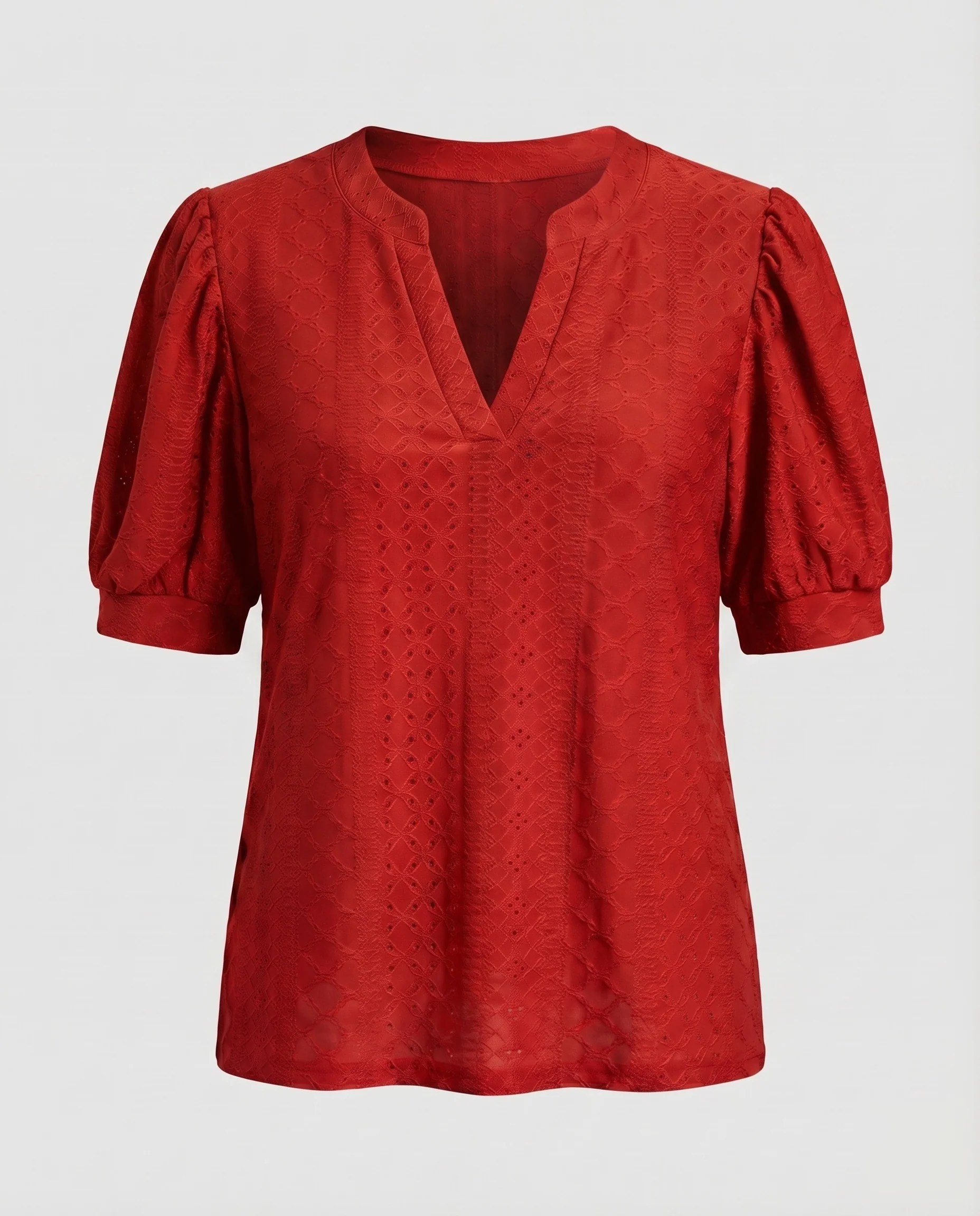 Damen Broderie-Bluse V-Ausschnitt Puffärmel Ellenbogenlang - Image 14