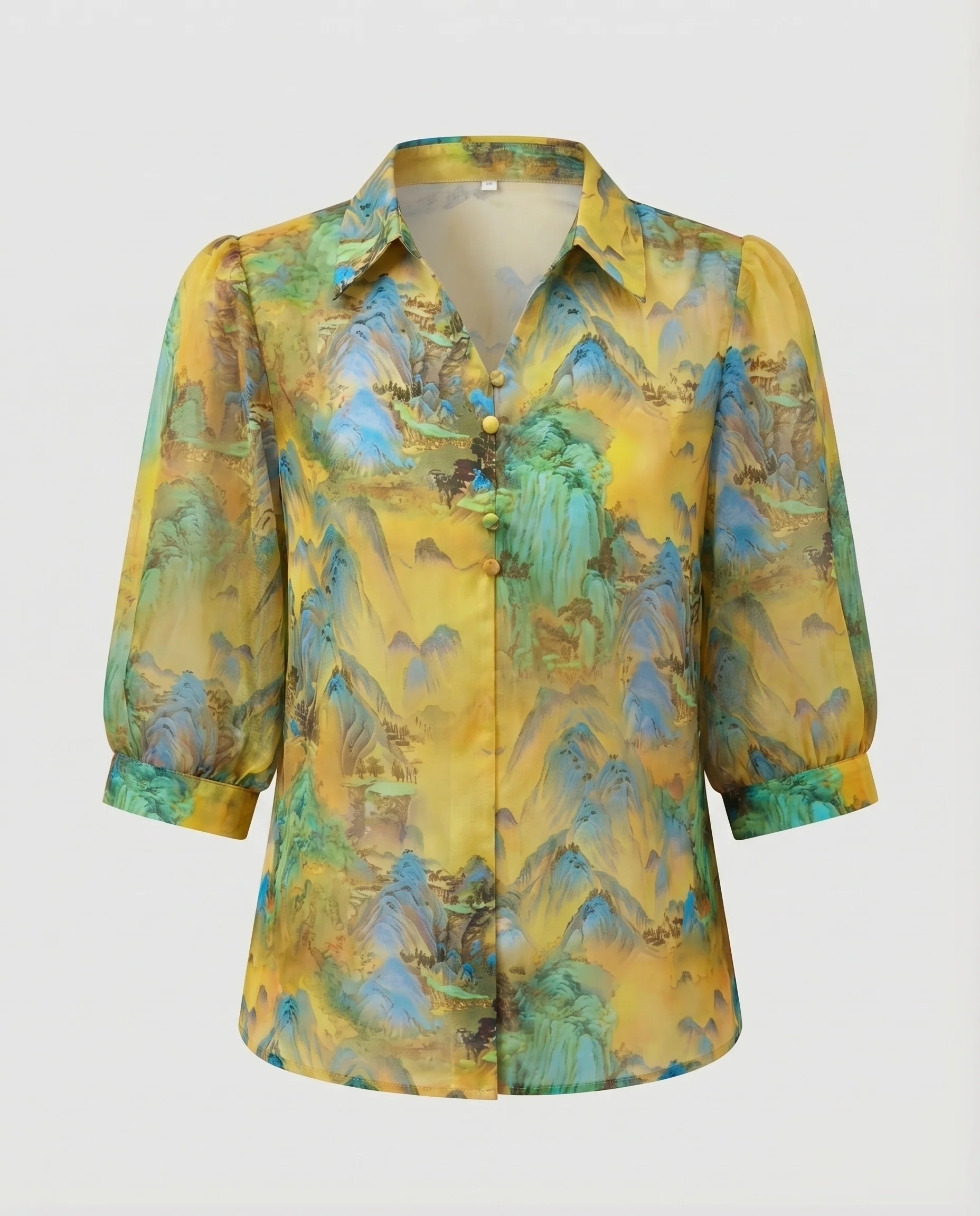 Damen Chiffon-Bluse Puffärmel Bezogene Knopfleiste Hemdkragen - Image 6