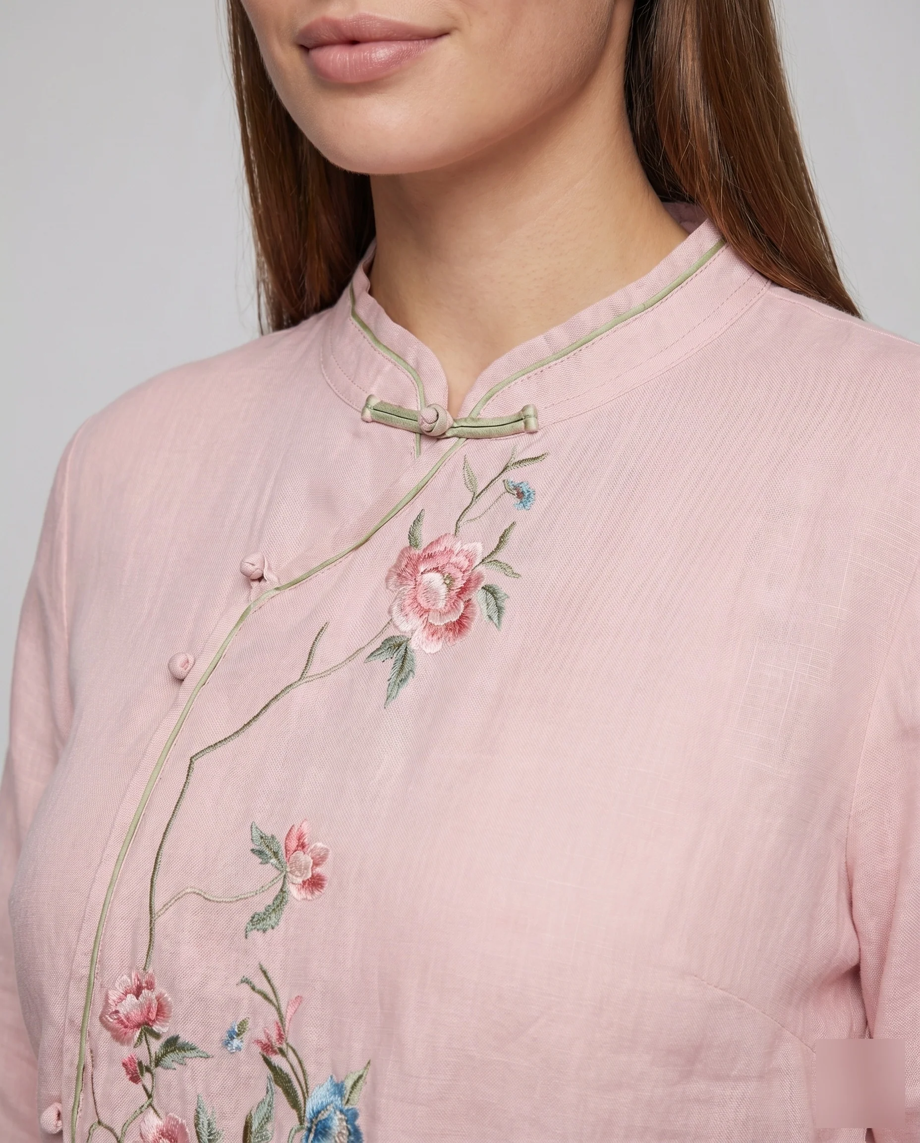 Damen Leinenmischbluse Blumenstickerei Knotenverschlüsse Leicht - Image 3