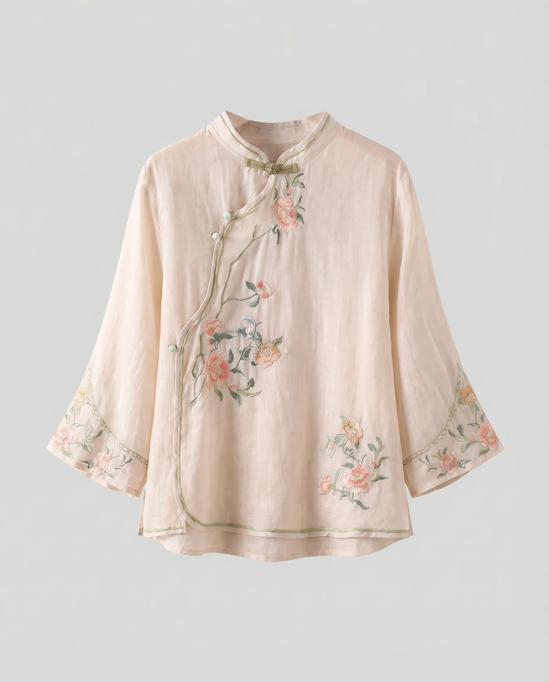 Damen Leinenmischbluse Blumenstickerei Knotenverschlüsse Leicht - Image 5
