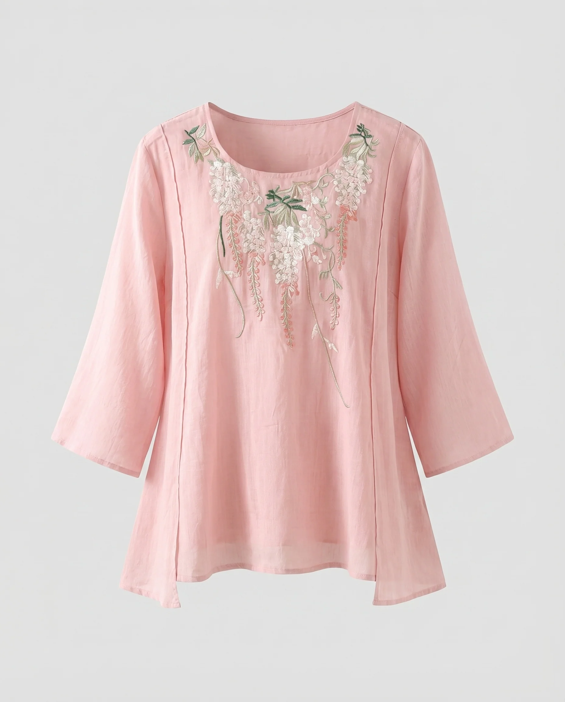 Damen Leinenmischbluse Stickerei am Ausschnitt Weite Ärmel - Image 5