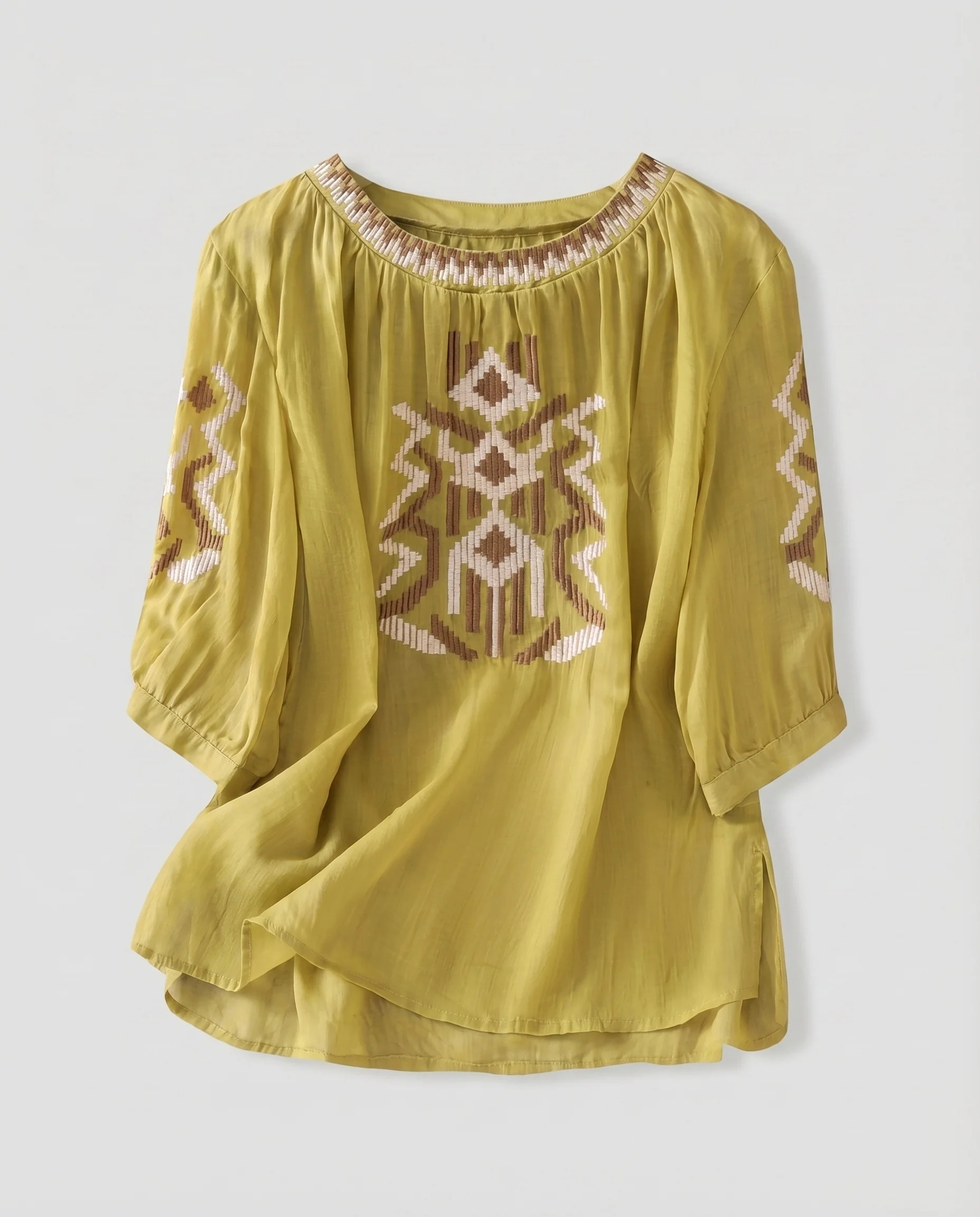 Damen Tunika-Bluse Folklorische Stickerei Gesmokter Rundhals - Image 8