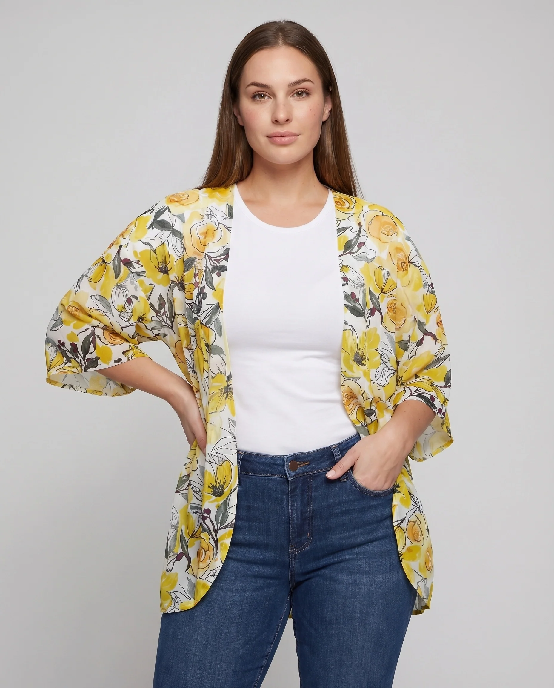 Damen Blumen-Kimono Offener Schnitt 3/4-Arm - Image 2