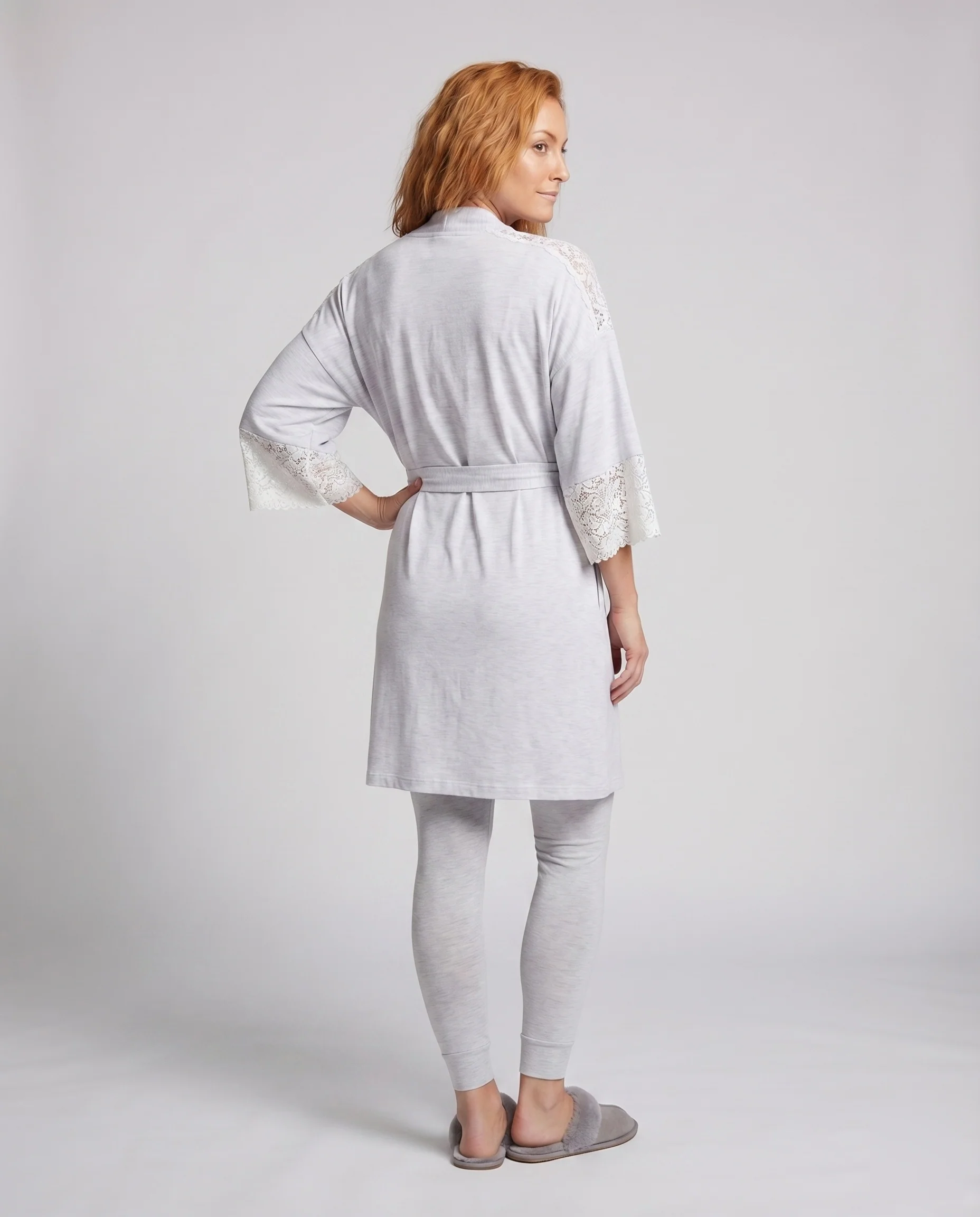 Damen Kimono-Morgenmantel Spitzeneinsätze Bindegürtel Leicht - Image 4