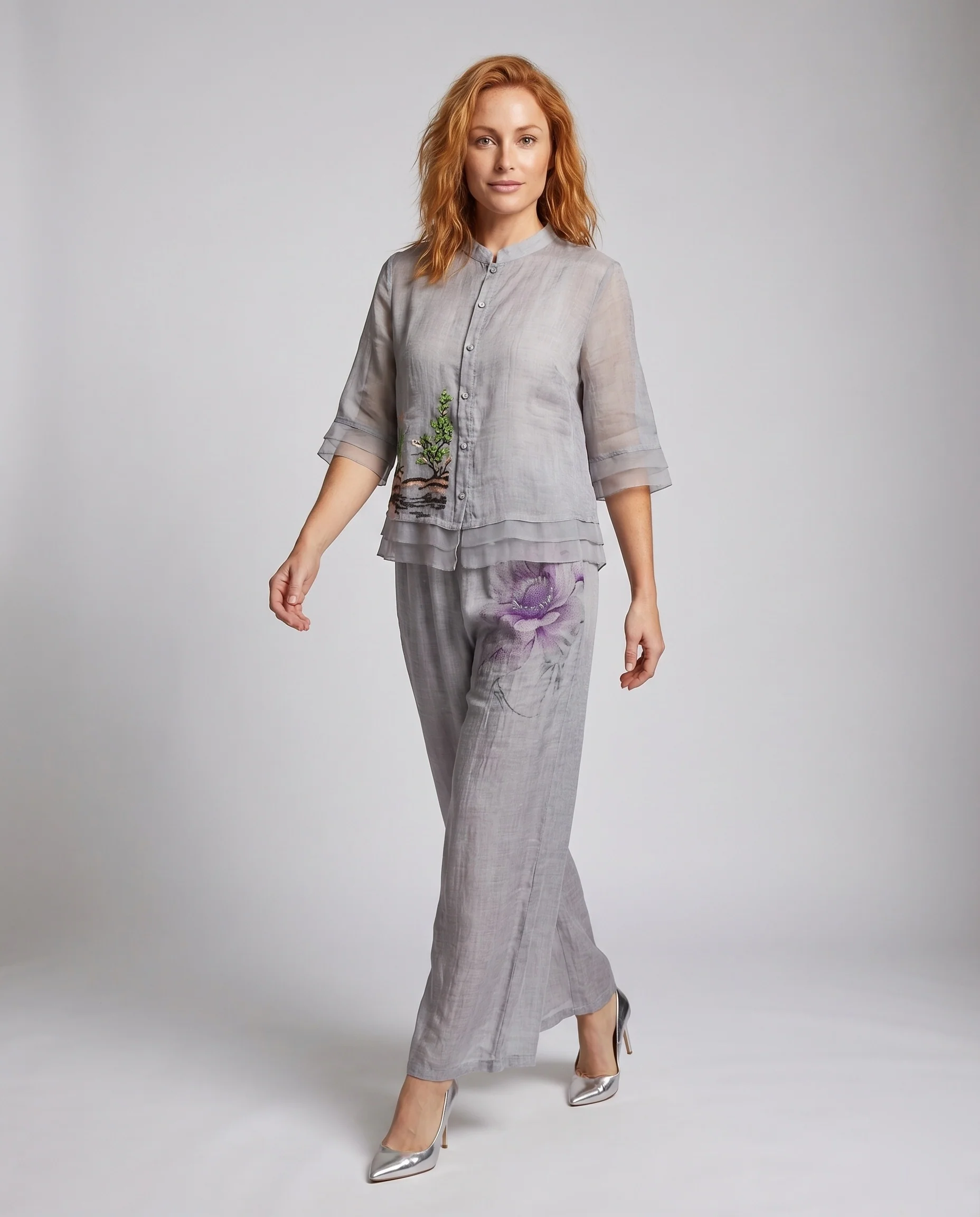 Damen Leinen-Zweiteiler Stehkragenbluse Weites Bein
