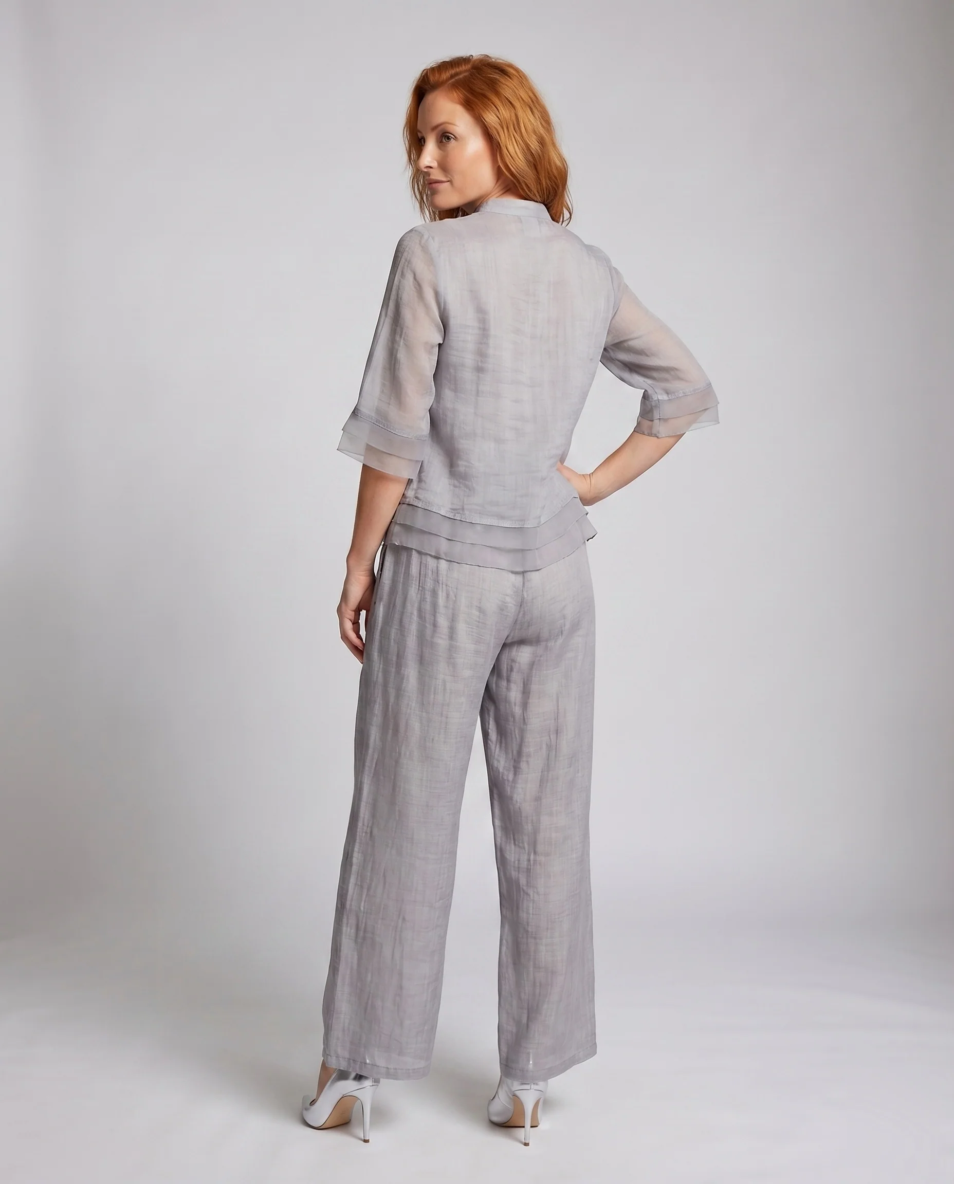 Damen Leinen-Zweiteiler Stehkragenbluse Weites Bein - Image 3