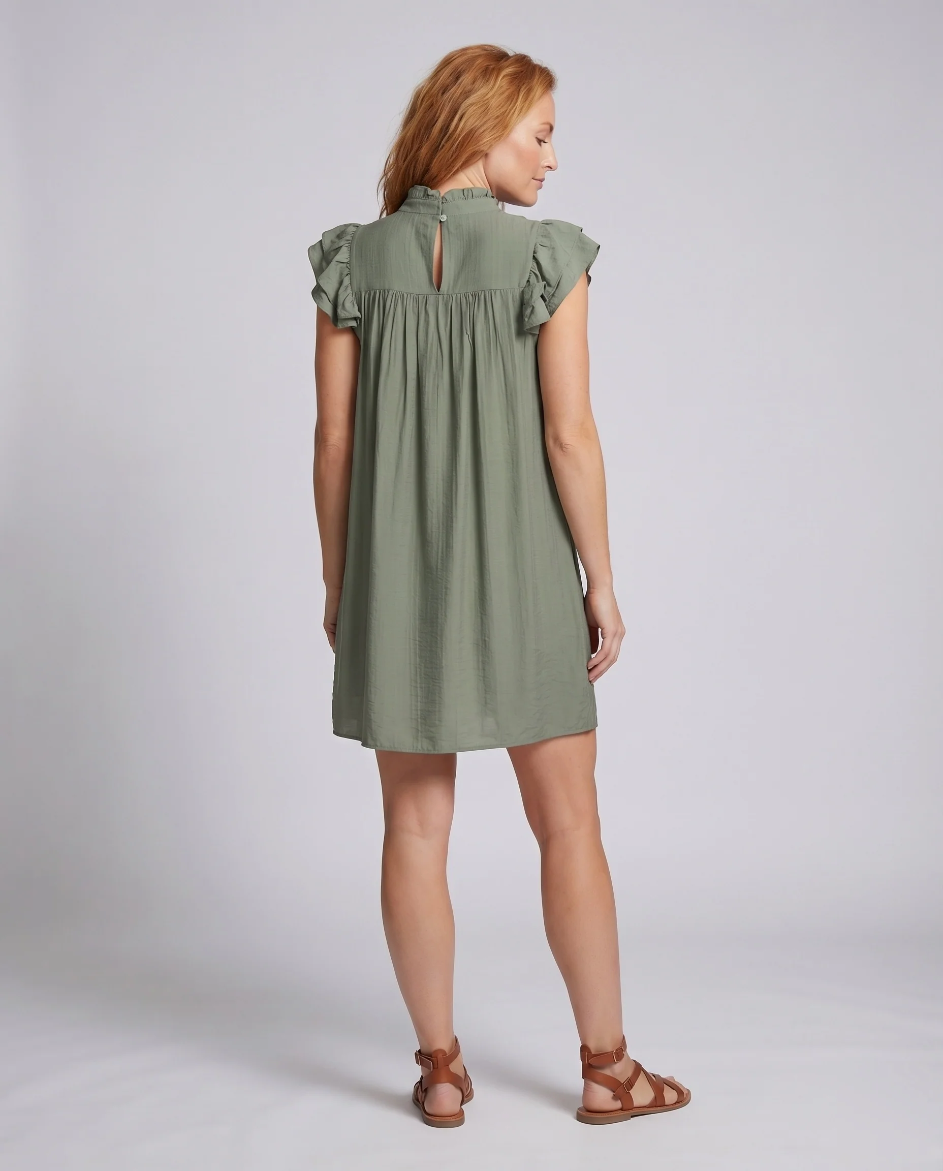 Damen A-Linien-Kurzkleid Biesen Flügelärmel Rüschen-Stehkragen - Image 4
