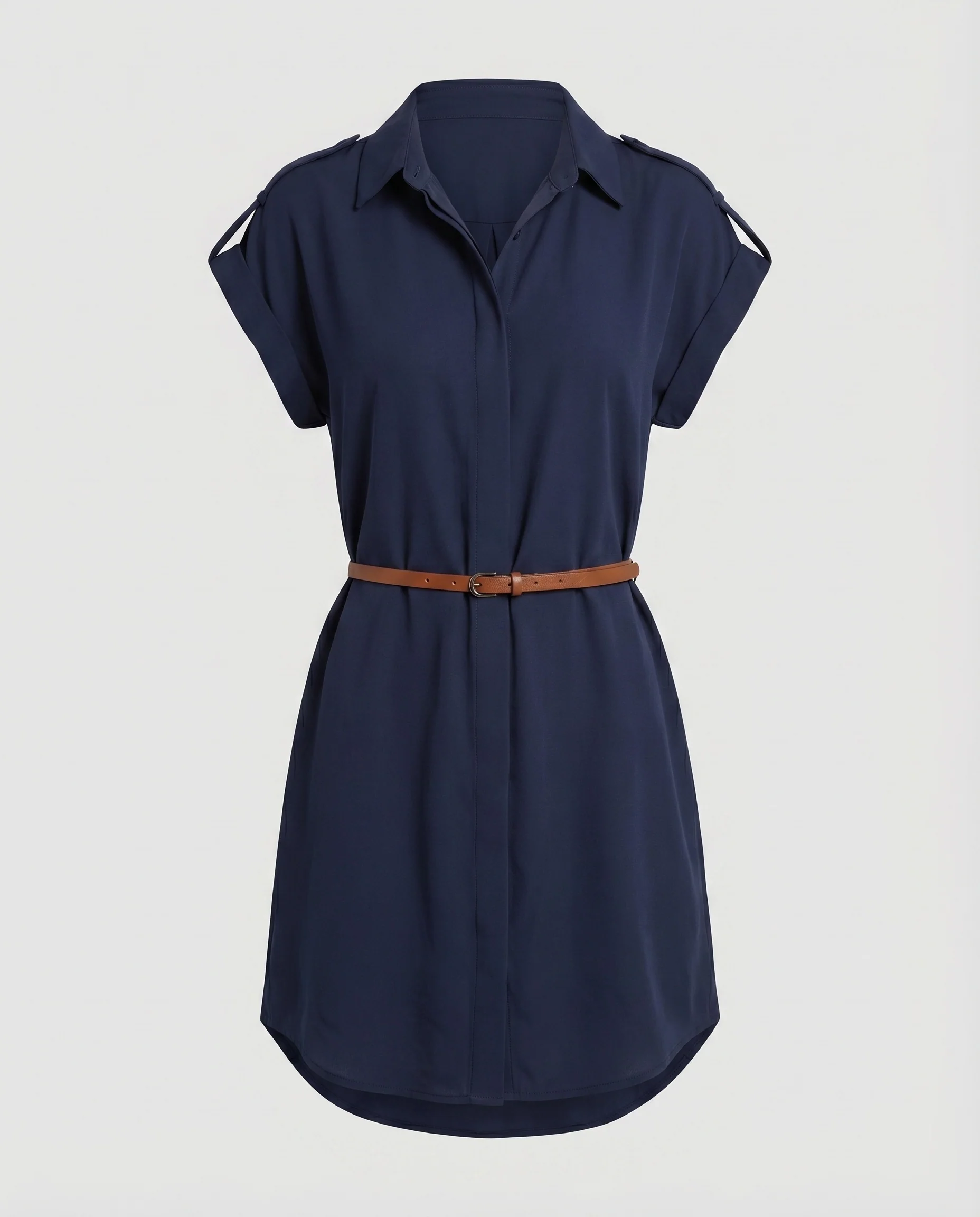 Damen Hemdblusenkleid Schulterschlitze Verdeckte Knopfleiste Taillengürtel - Image 5