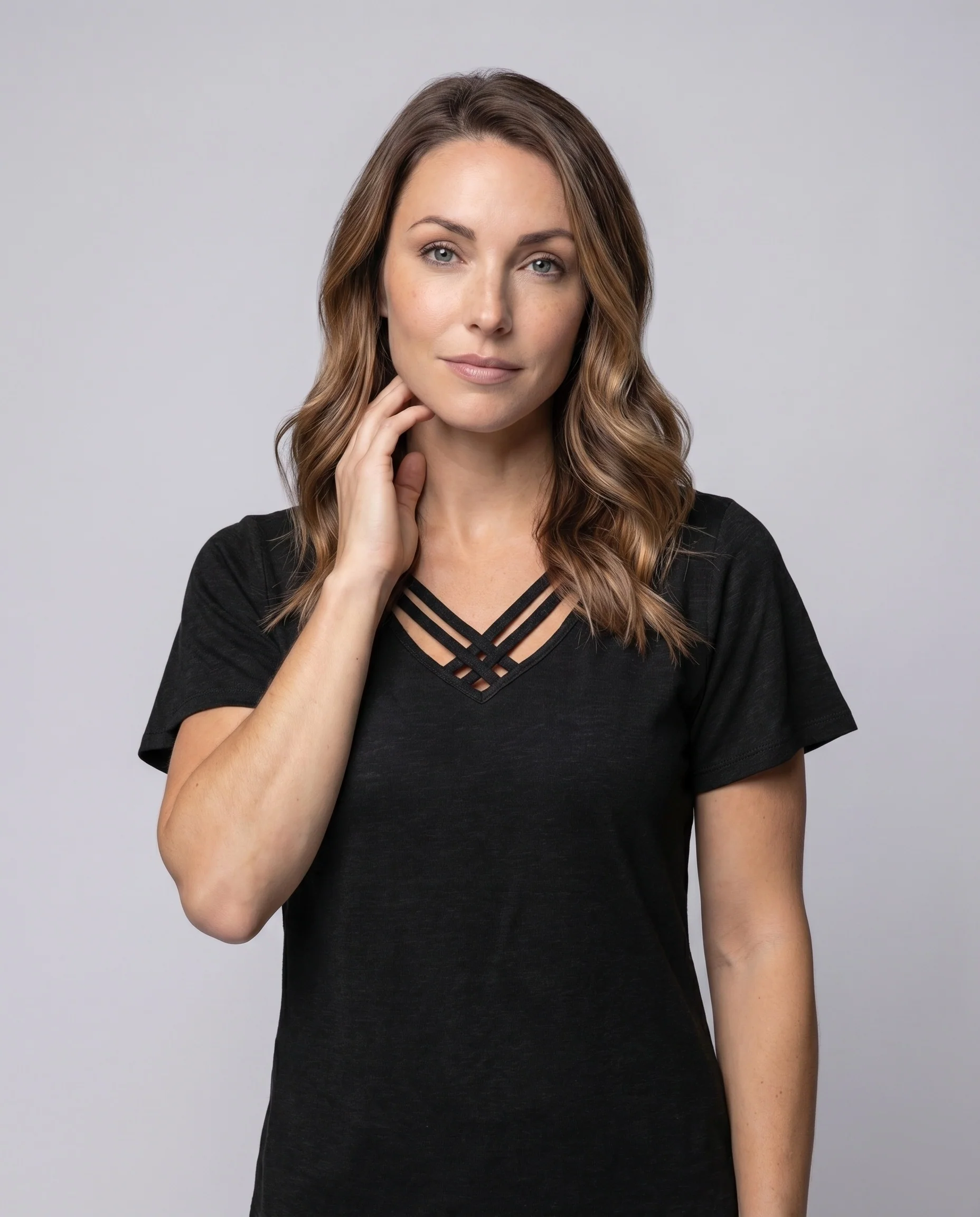Damen Kurzarmshirt V-Ausschnitt Gekreuzte Zierträger Leicht - Image 2
