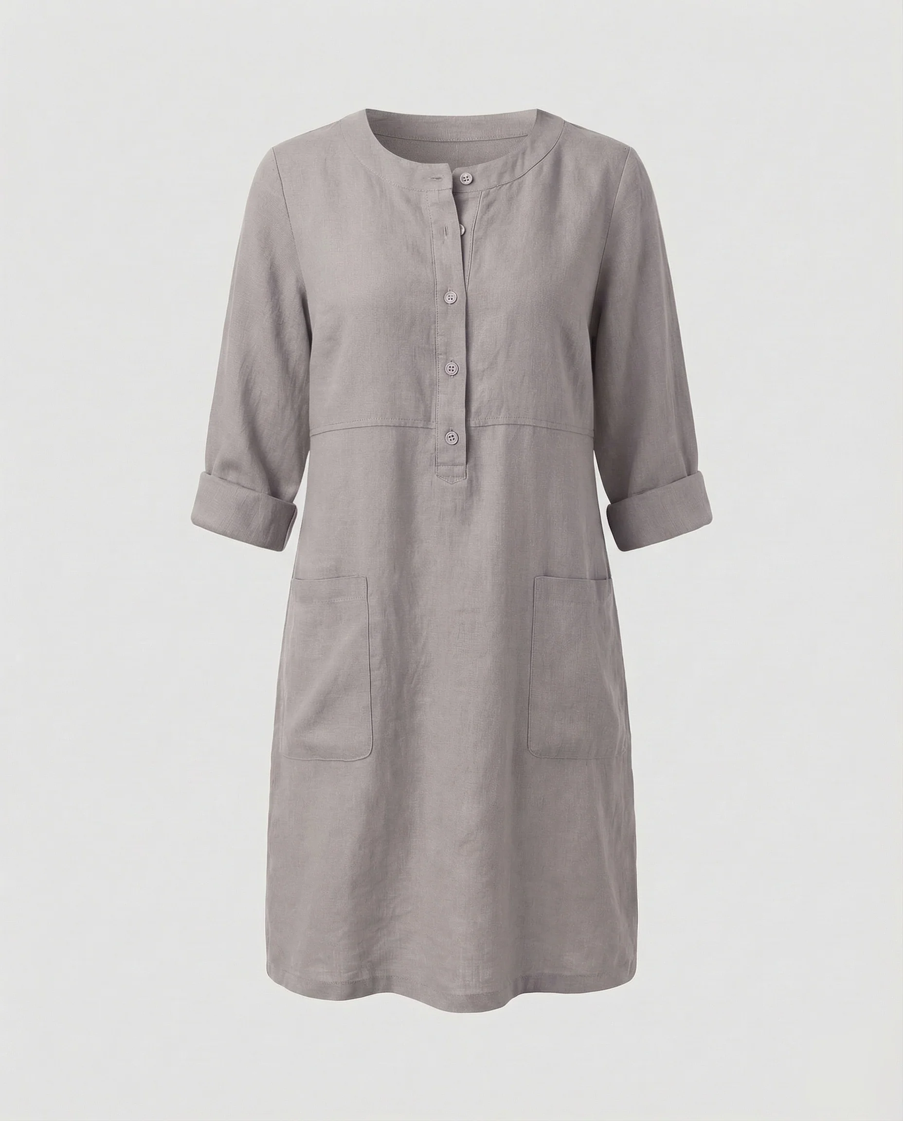 Damen Leinenkleid Rundhalsausschnitt Knopfleiste - Image 7