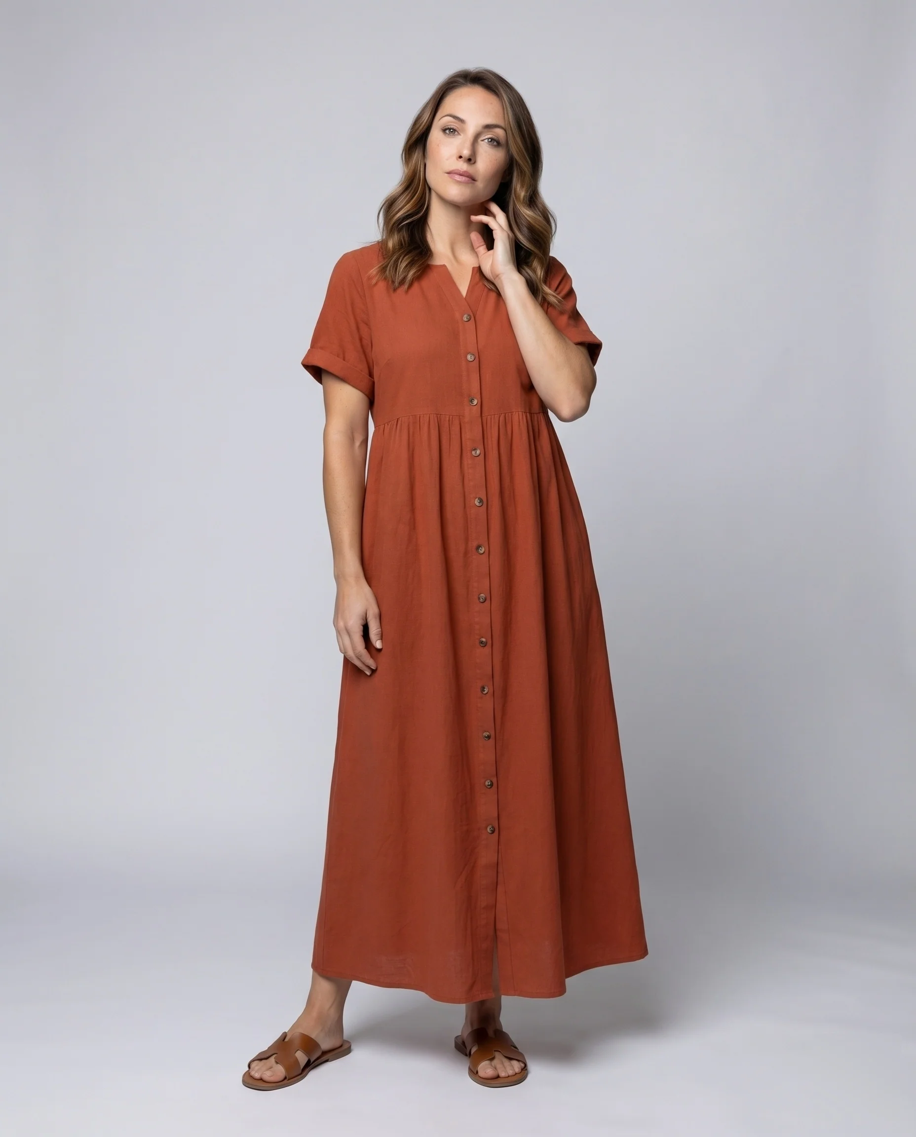 Damen Maxikleid Leinenoptik Knopfleiste Überschnittene Kurzärmel