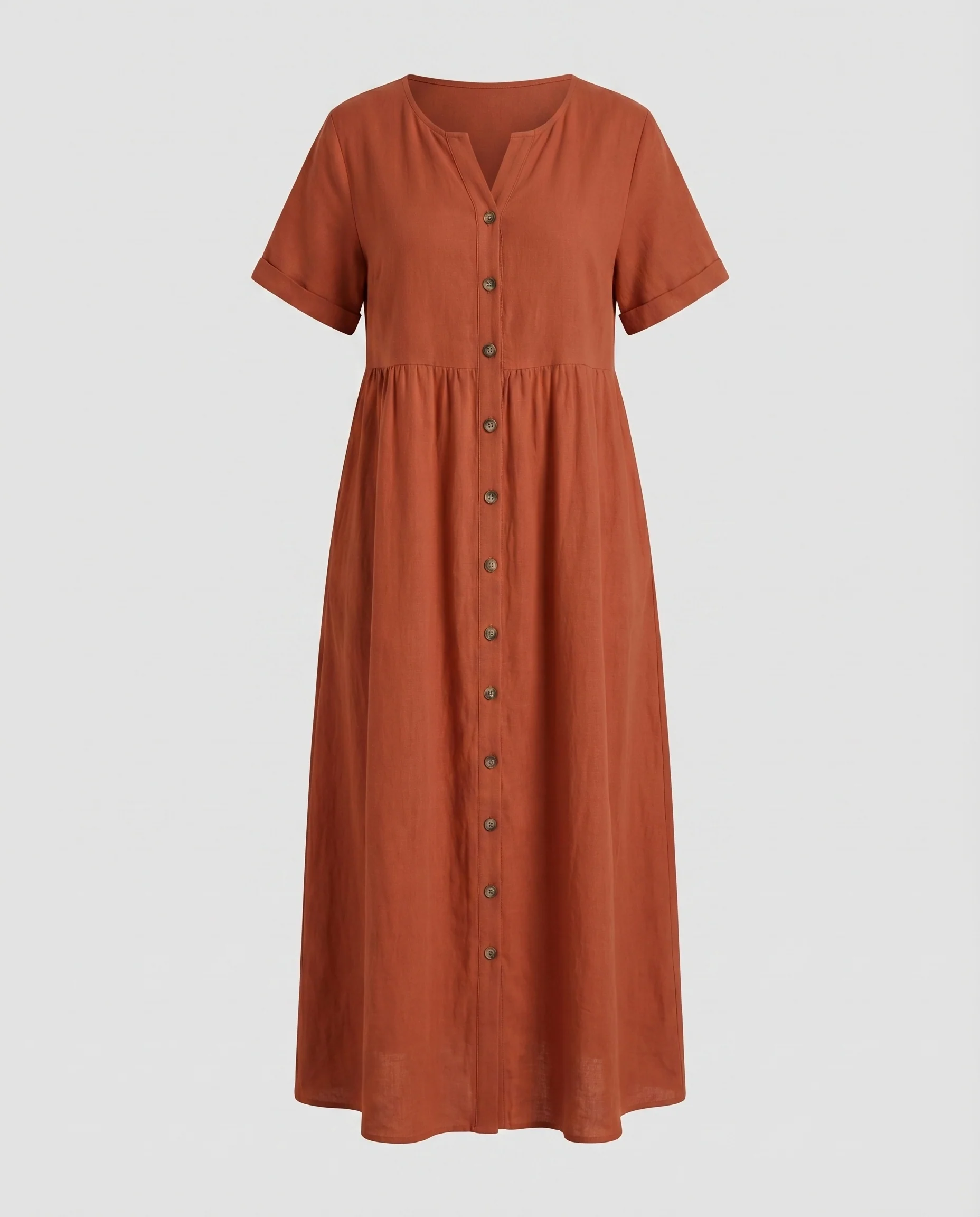 Damen Maxikleid Leinenoptik Knopfleiste Überschnittene Kurzärmel - Image 5