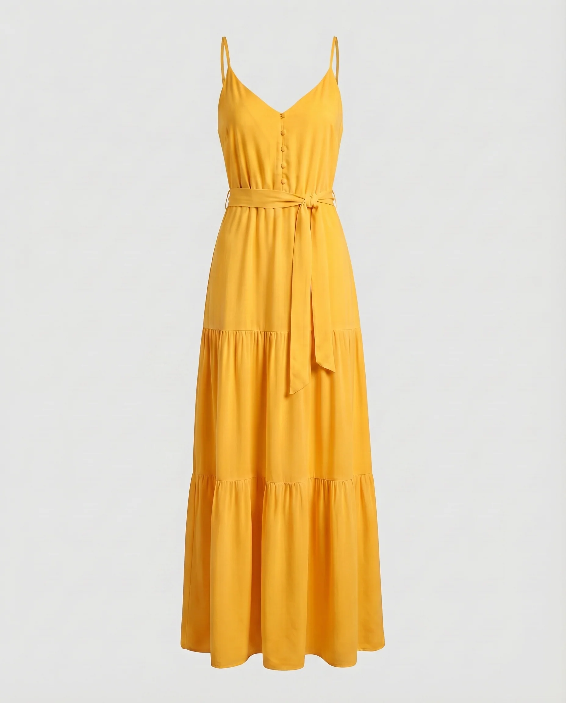 Damen Leinenoptik-Maxikleid Spaghettiträger Bindegürtel Stufen - Image 9