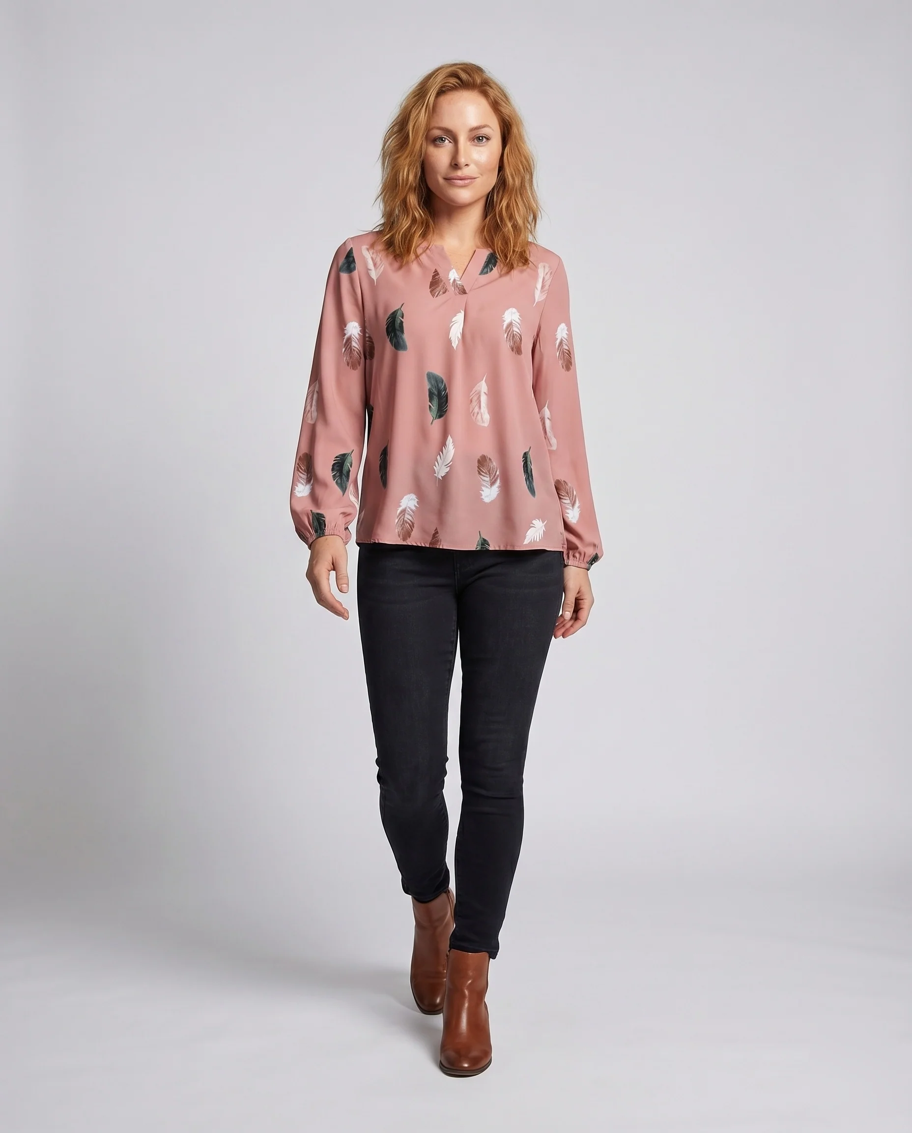 Damen V-Ausschnitt-Bluse Federprint Elastik-Manschetten