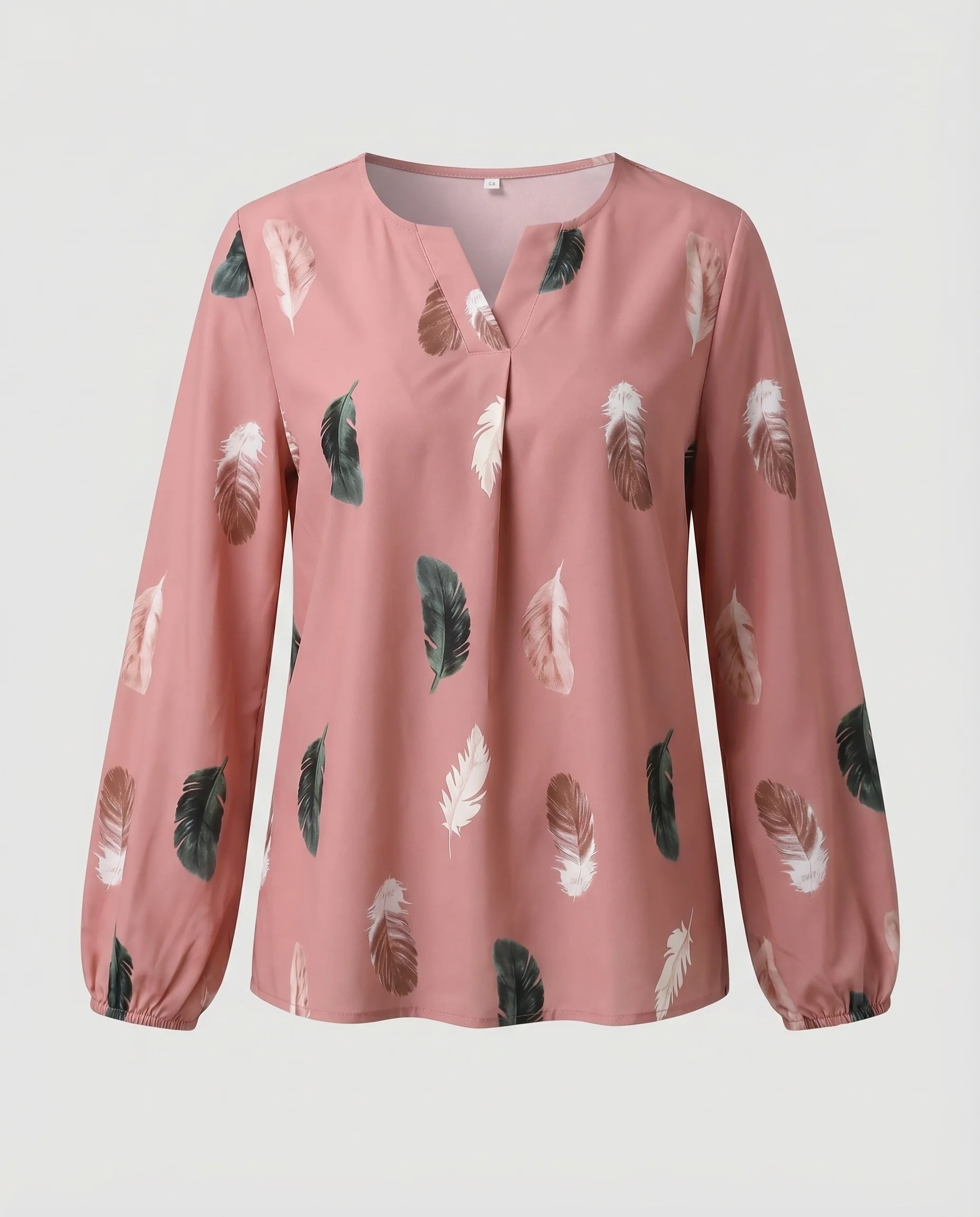 Damen V-Ausschnitt-Bluse Federprint Elastik-Manschetten - Image 5