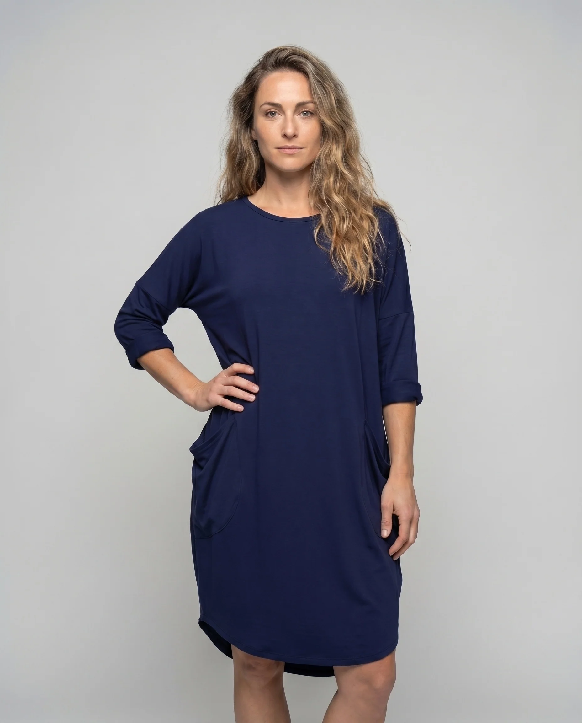 Damen Weekendkleid Ballon-Silhouette Seitentaschen Gekrempelte Ärmel - Image 2