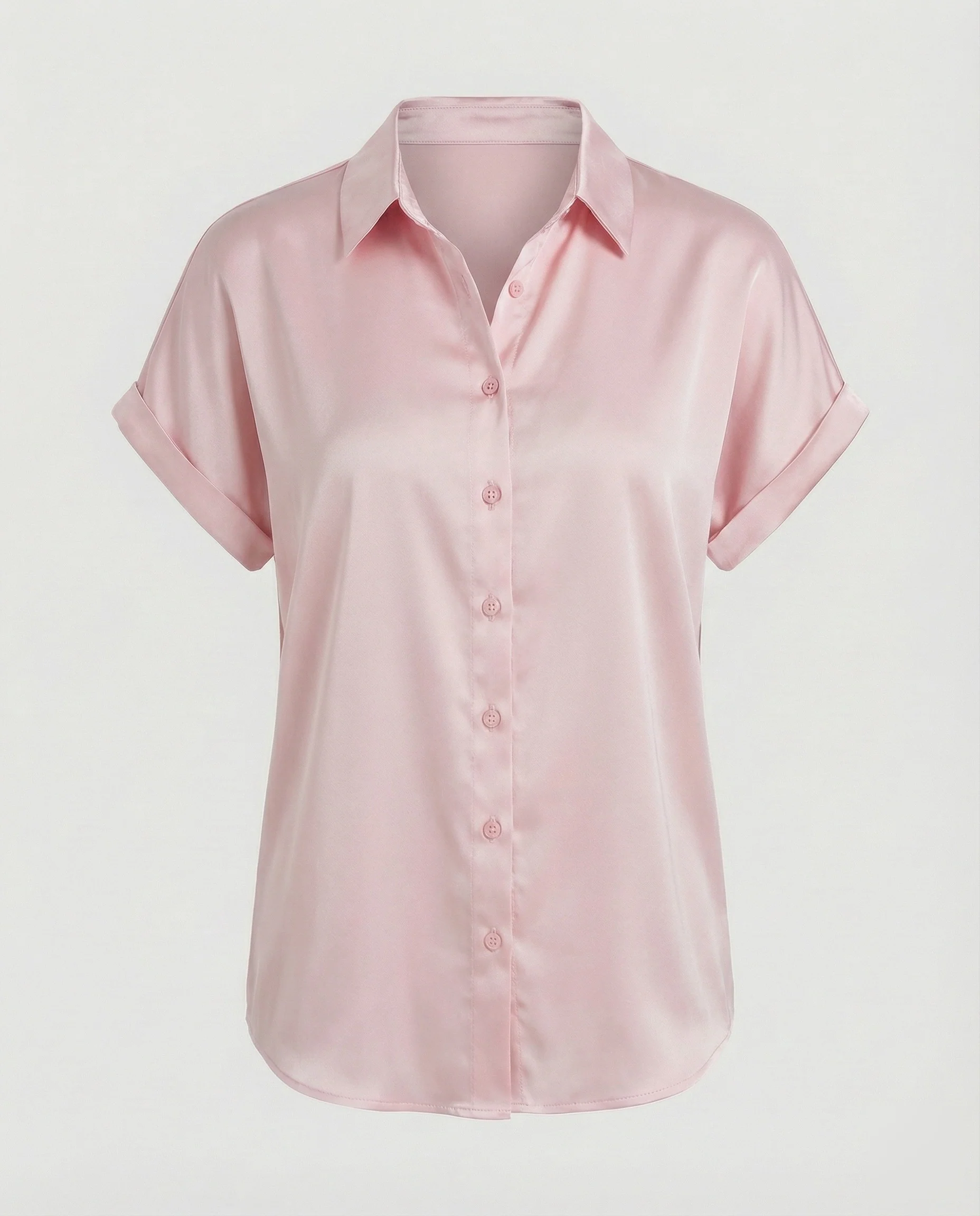 Damen nan locker kastige Kurzarm-Hemdbluse aus seidenähnlichem Satin mit Kentkragen und Umschlagärmeln R&B - Image 10