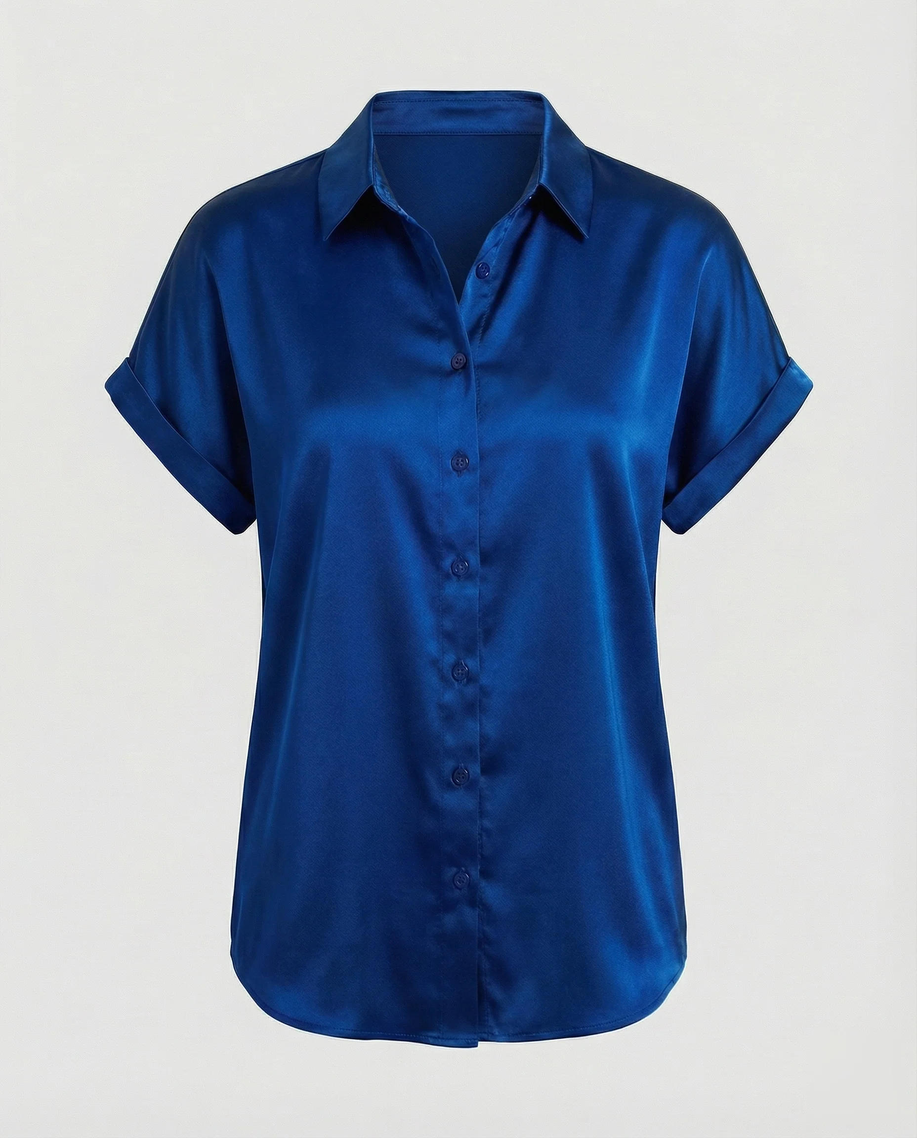 Damen nan locker kastige Kurzarm-Hemdbluse aus seidenähnlichem Satin mit Kentkragen und Umschlagärmeln R&B - Image 12